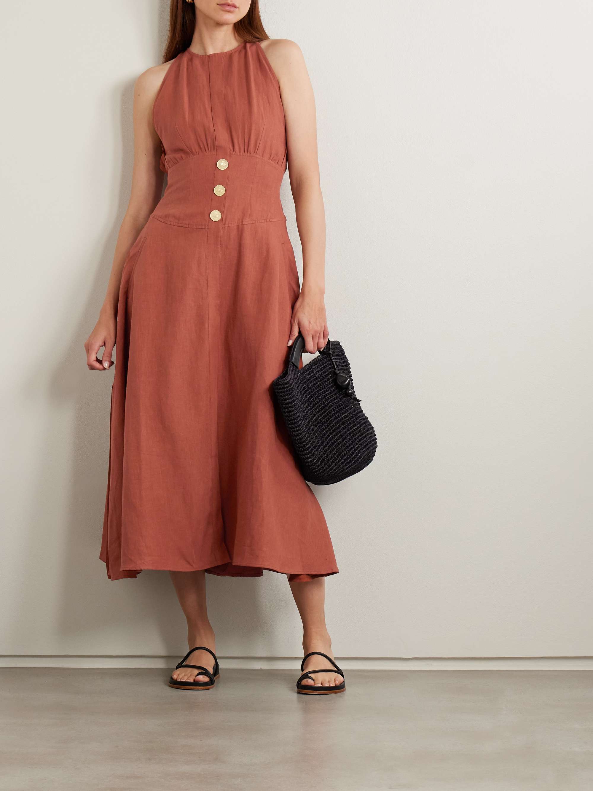 Jesmah open-back embellished linen midi dress view