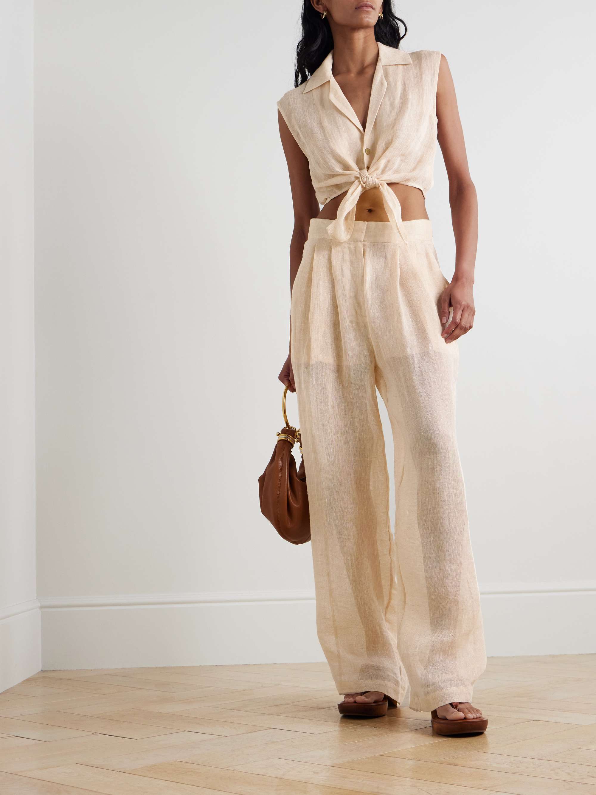 Sanabo tie-detailed linen-gauze top view