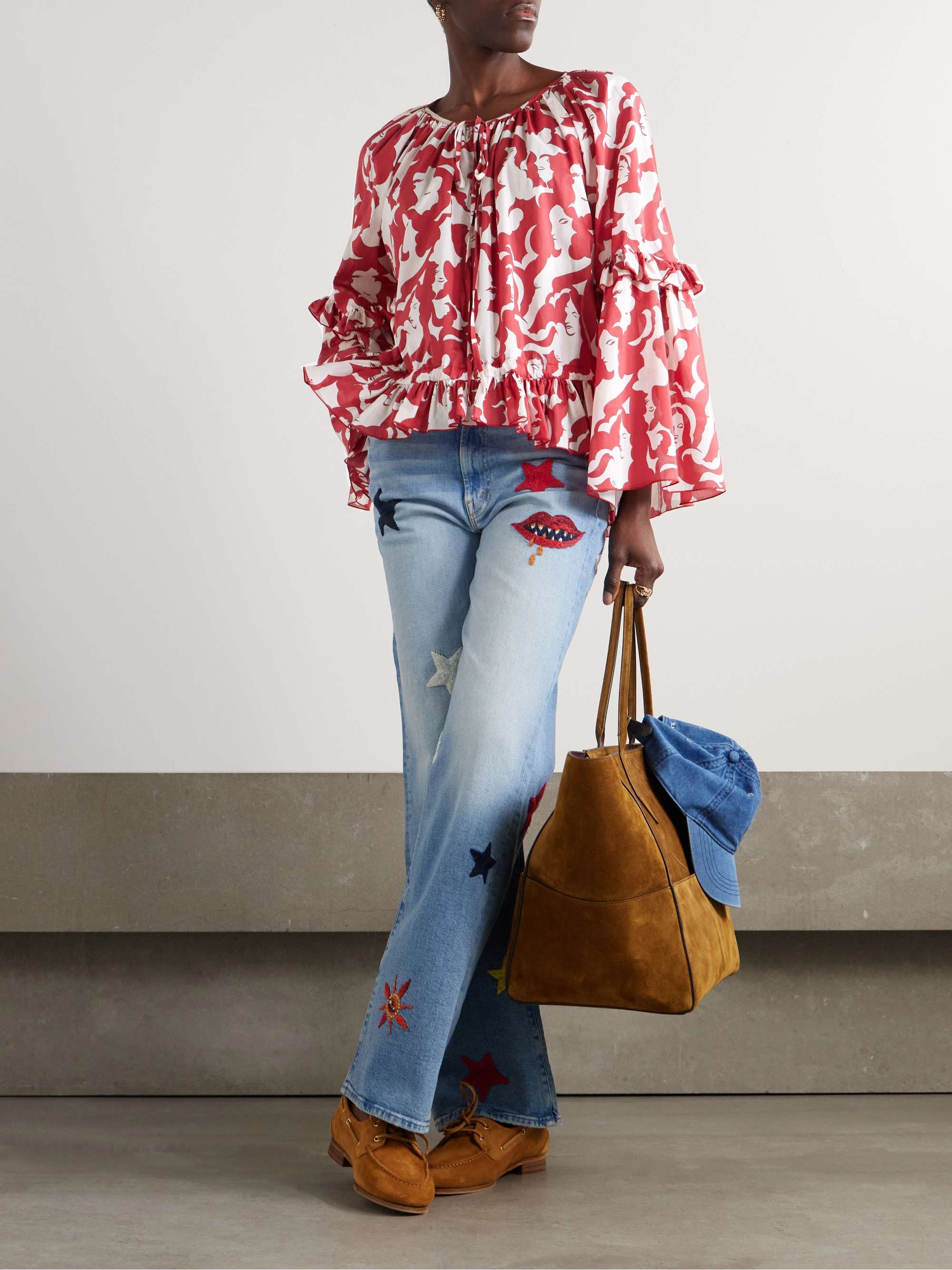 + MOTHER ruffled printed cotton top view