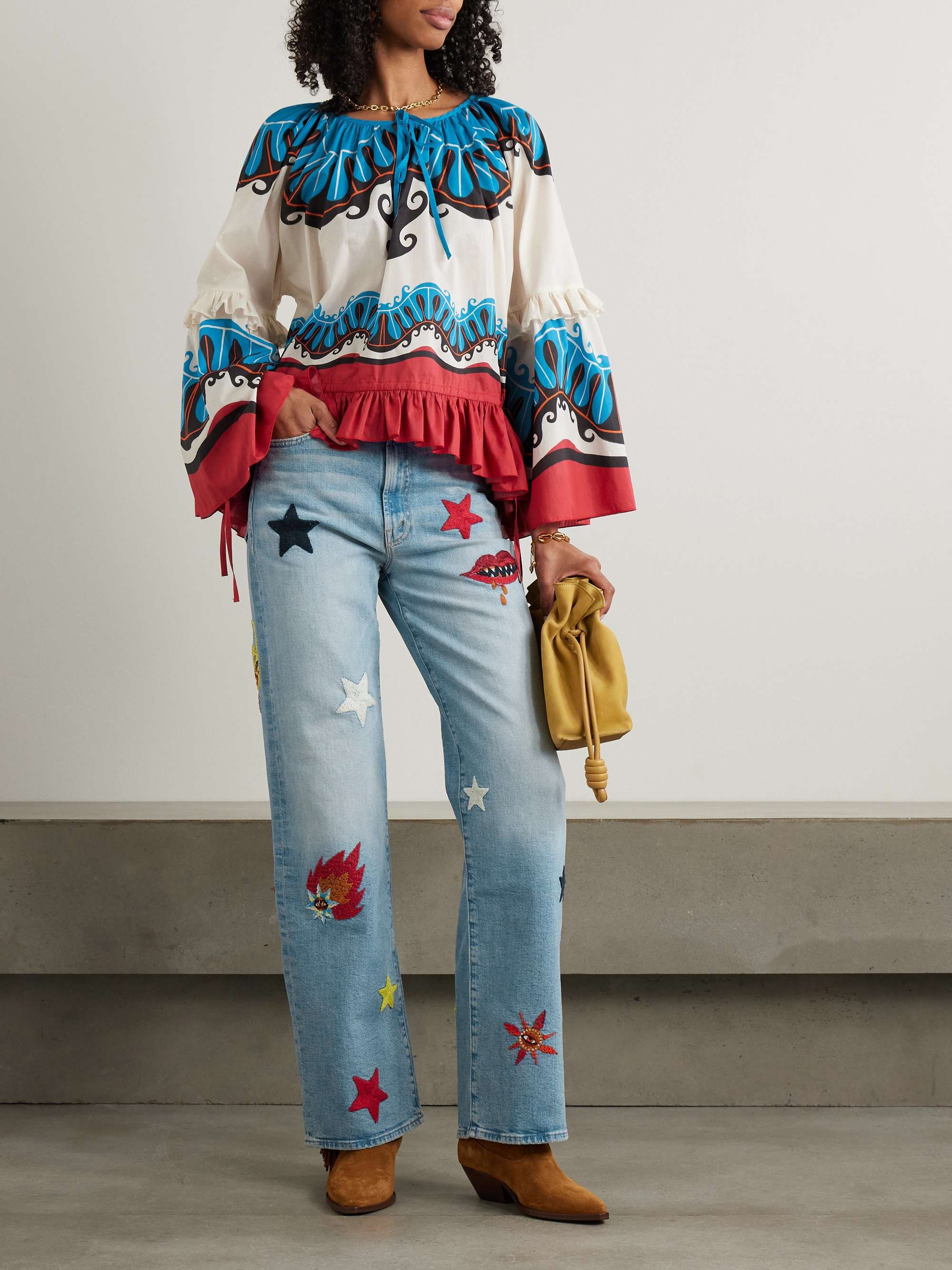 + MOTHER Boho tie-detailed printed cotton peplum blouse view