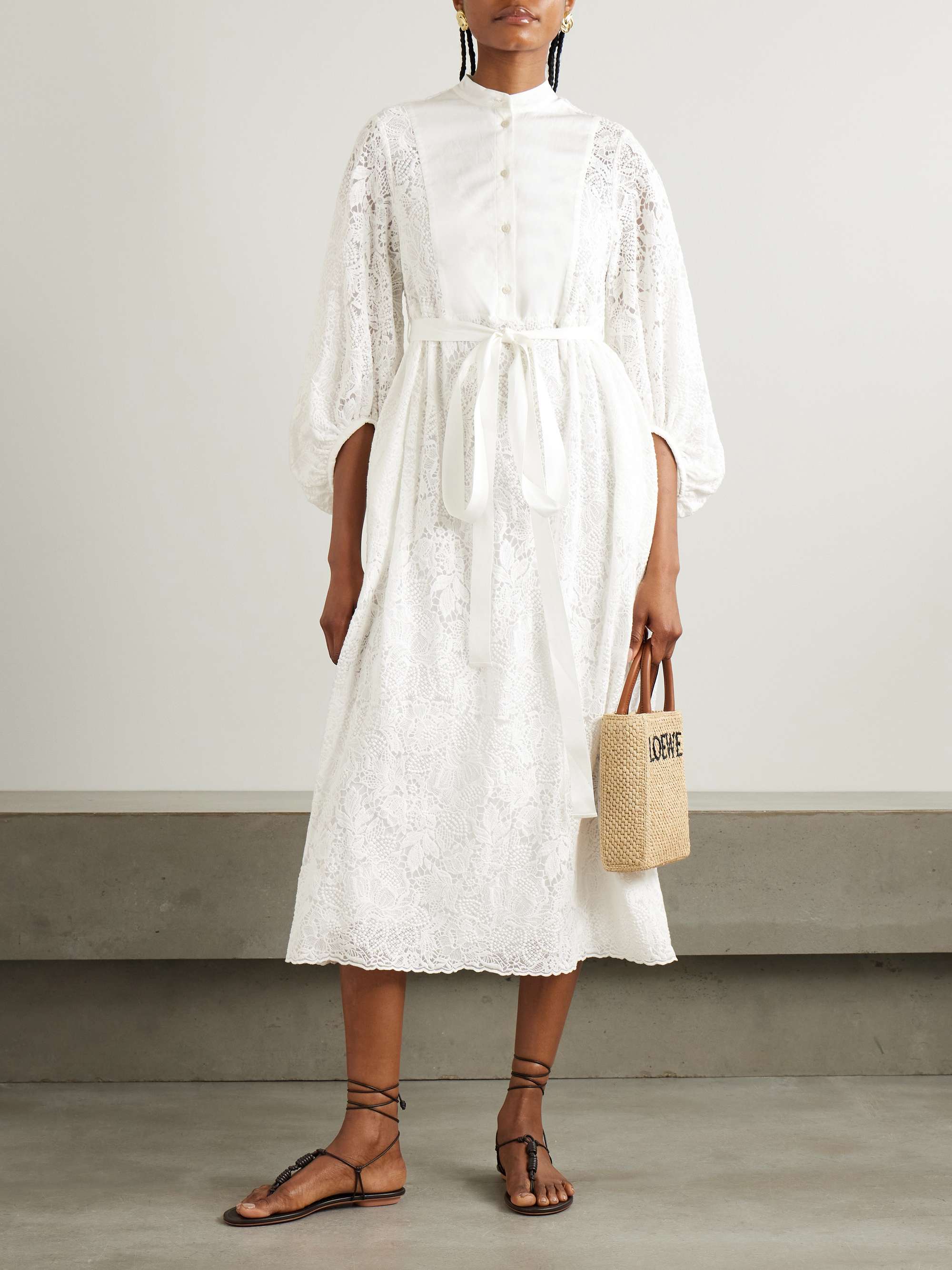Belted poplin-paneled cotton-lace midi shirt dress view