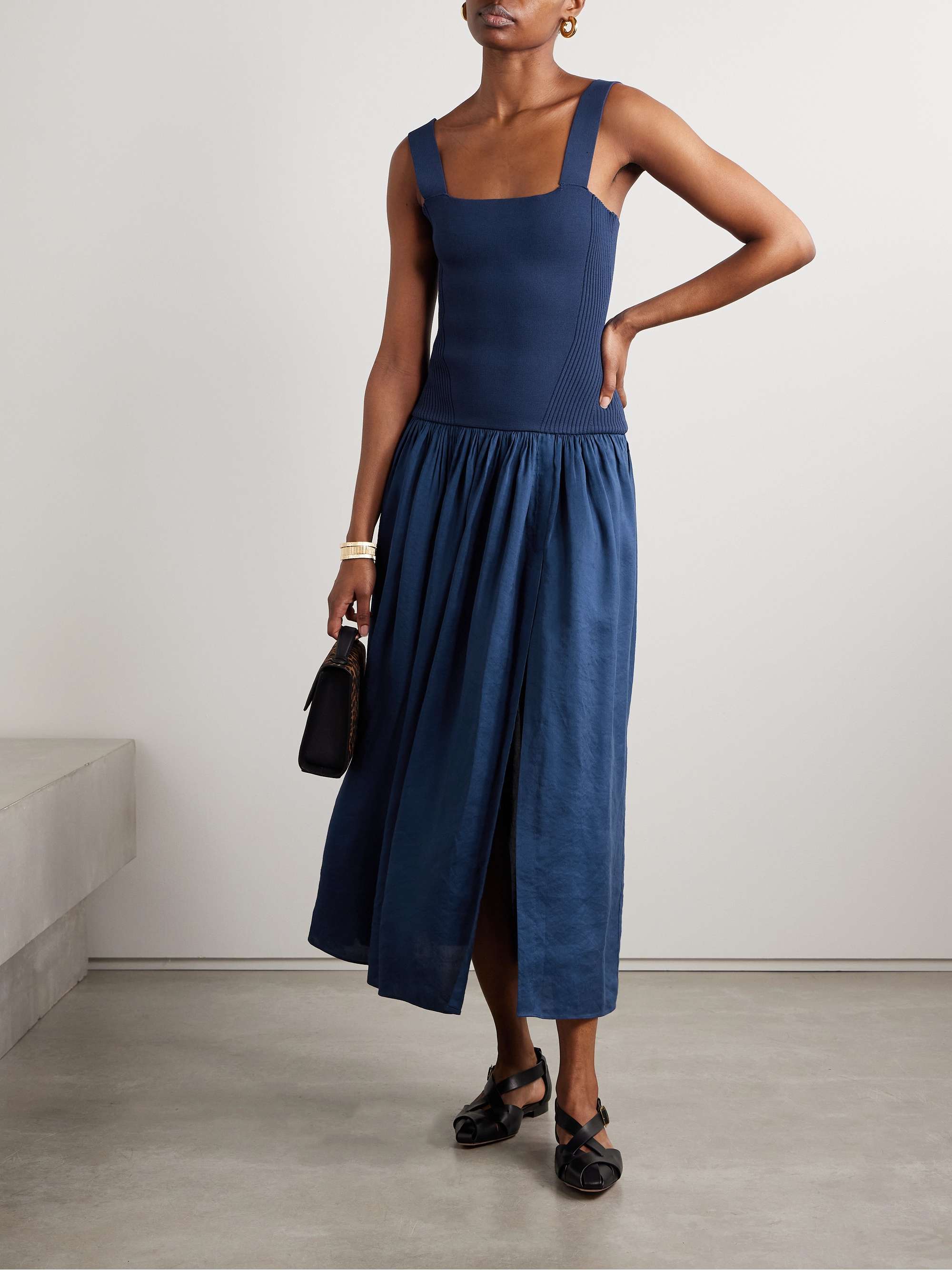 Stretch-knit and gathered linen-blend midi dress view