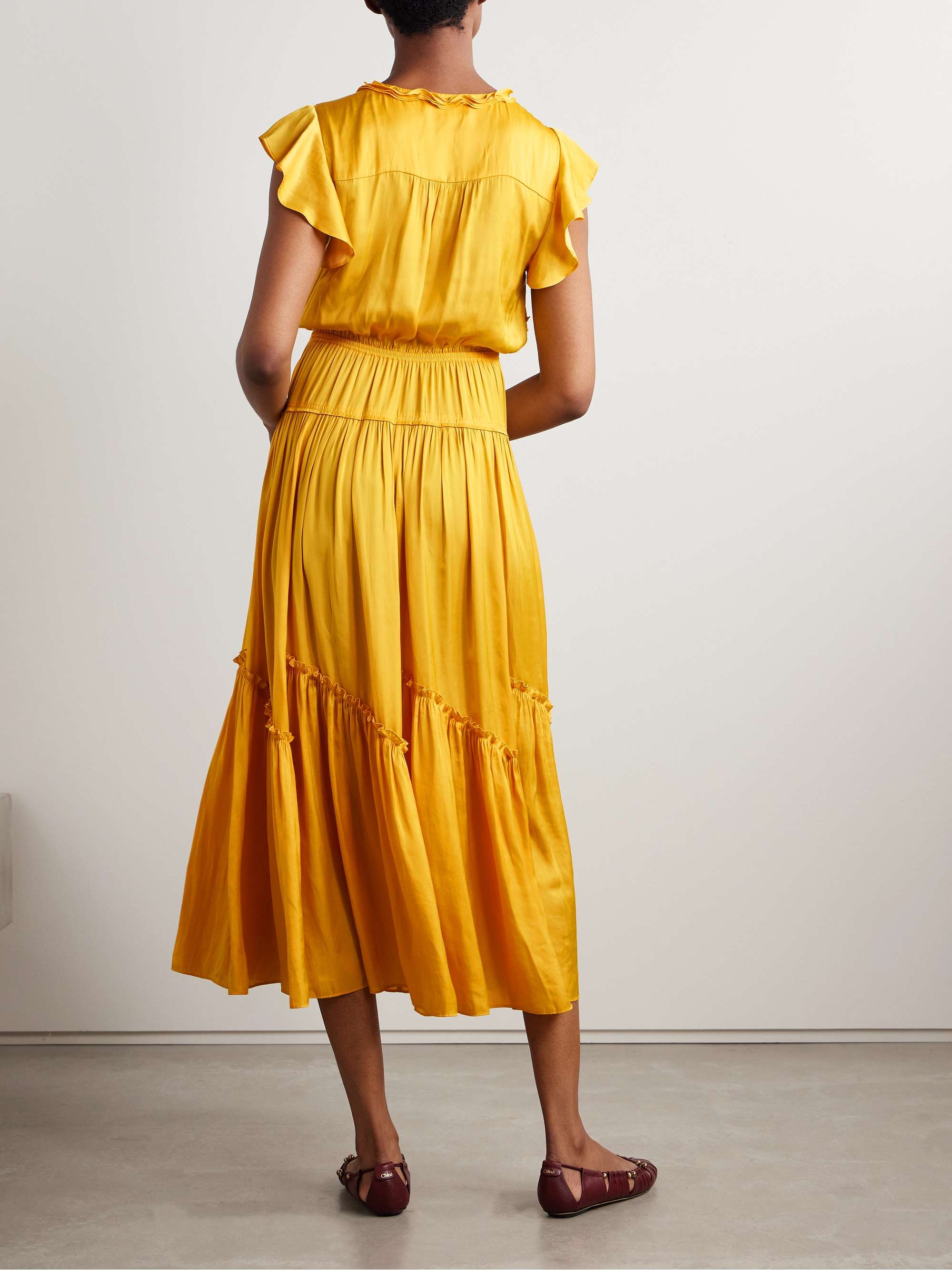 Pintucked ruffled satin midi dress view