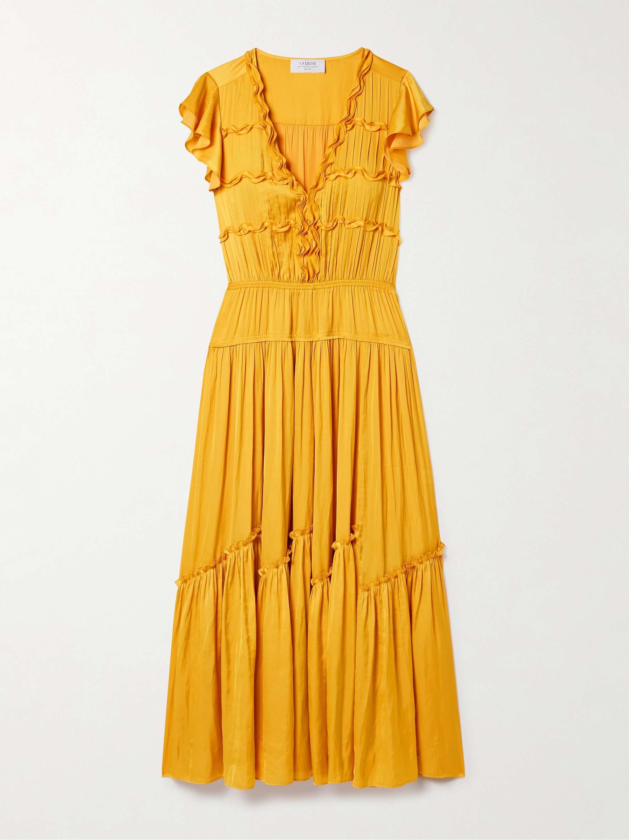 Pintucked ruffled satin midi dress view