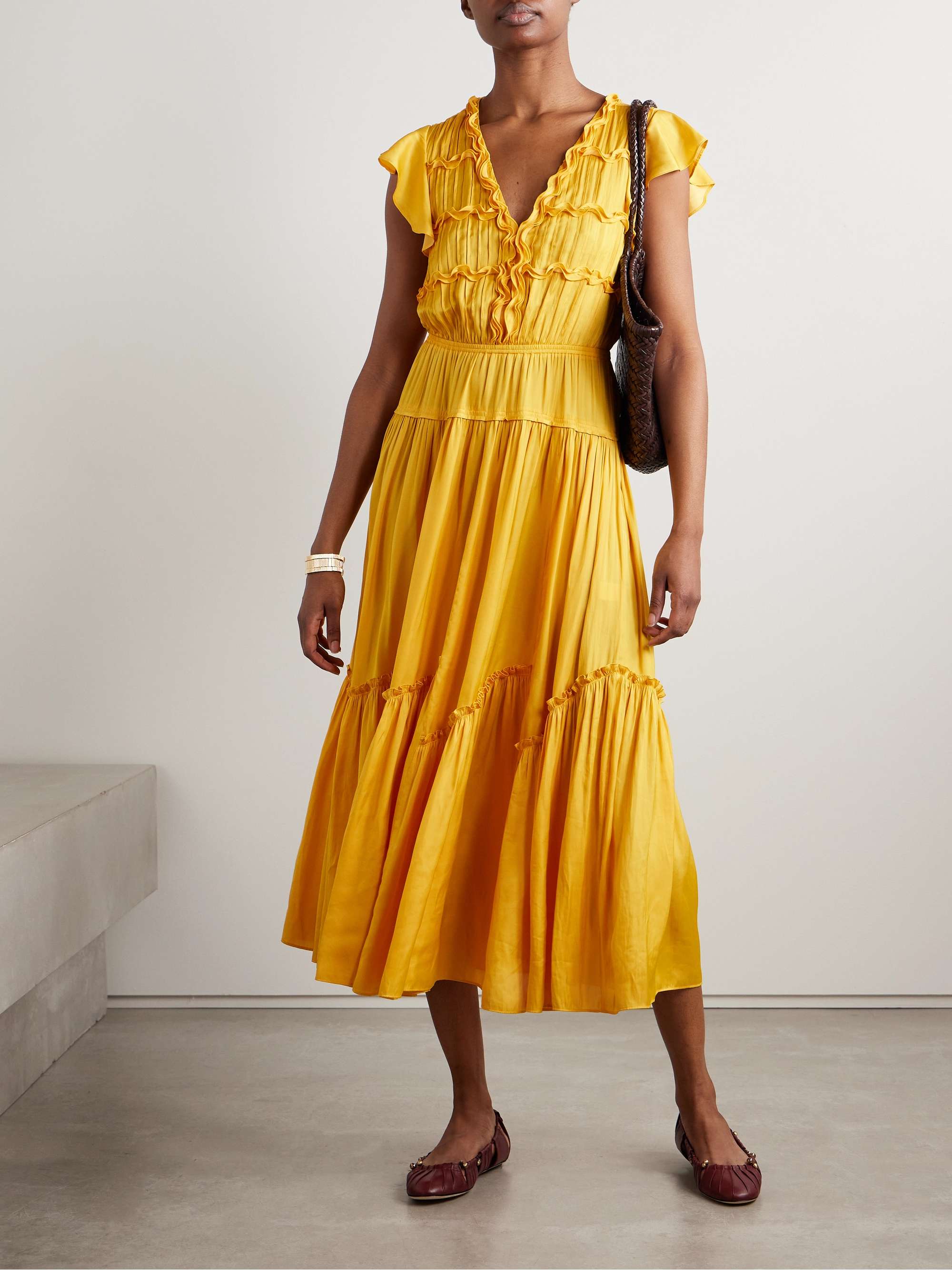 Pintucked ruffled satin midi dress view