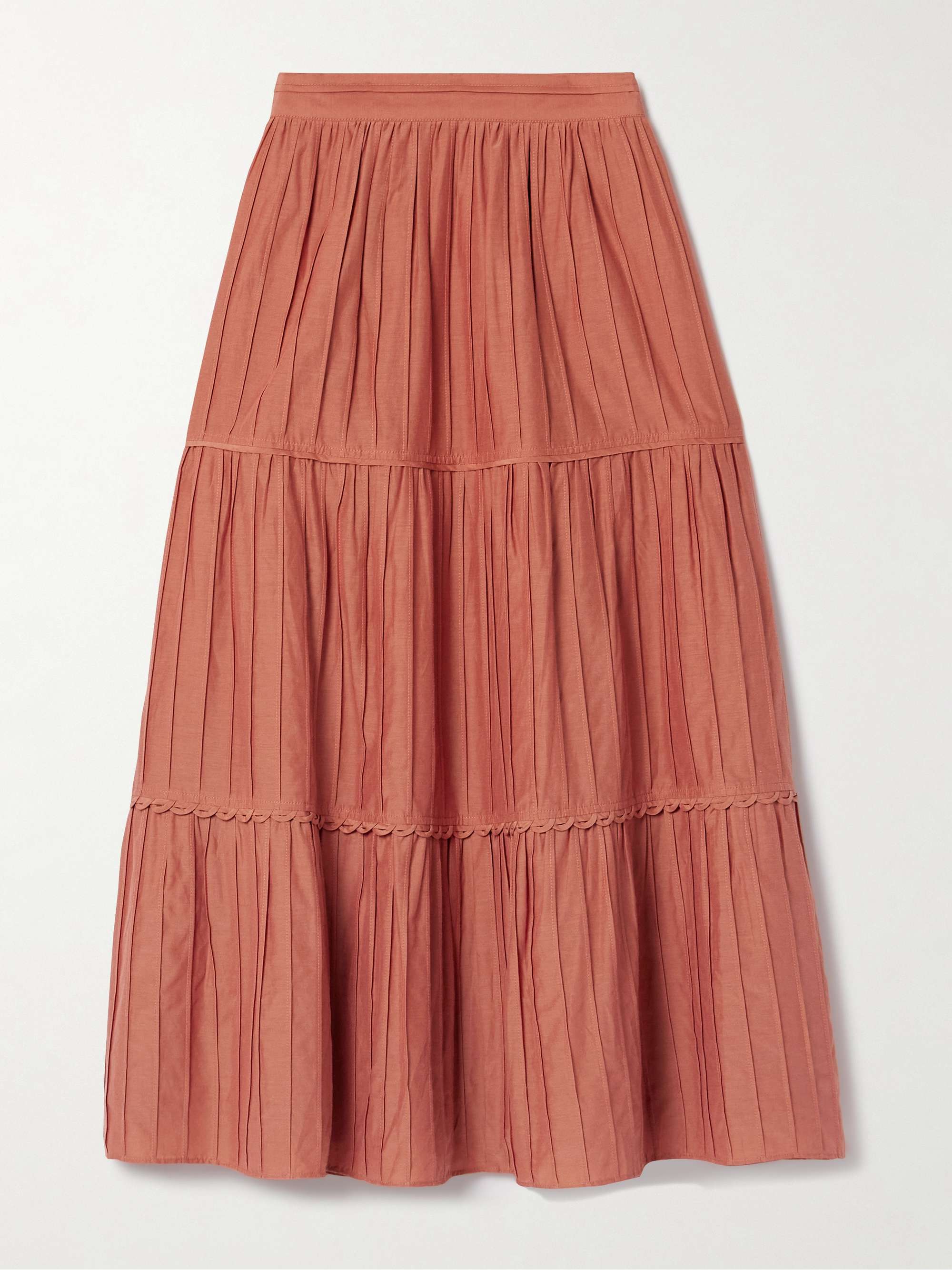 Tiered pintucked cotton and silk-blend midi skirt view