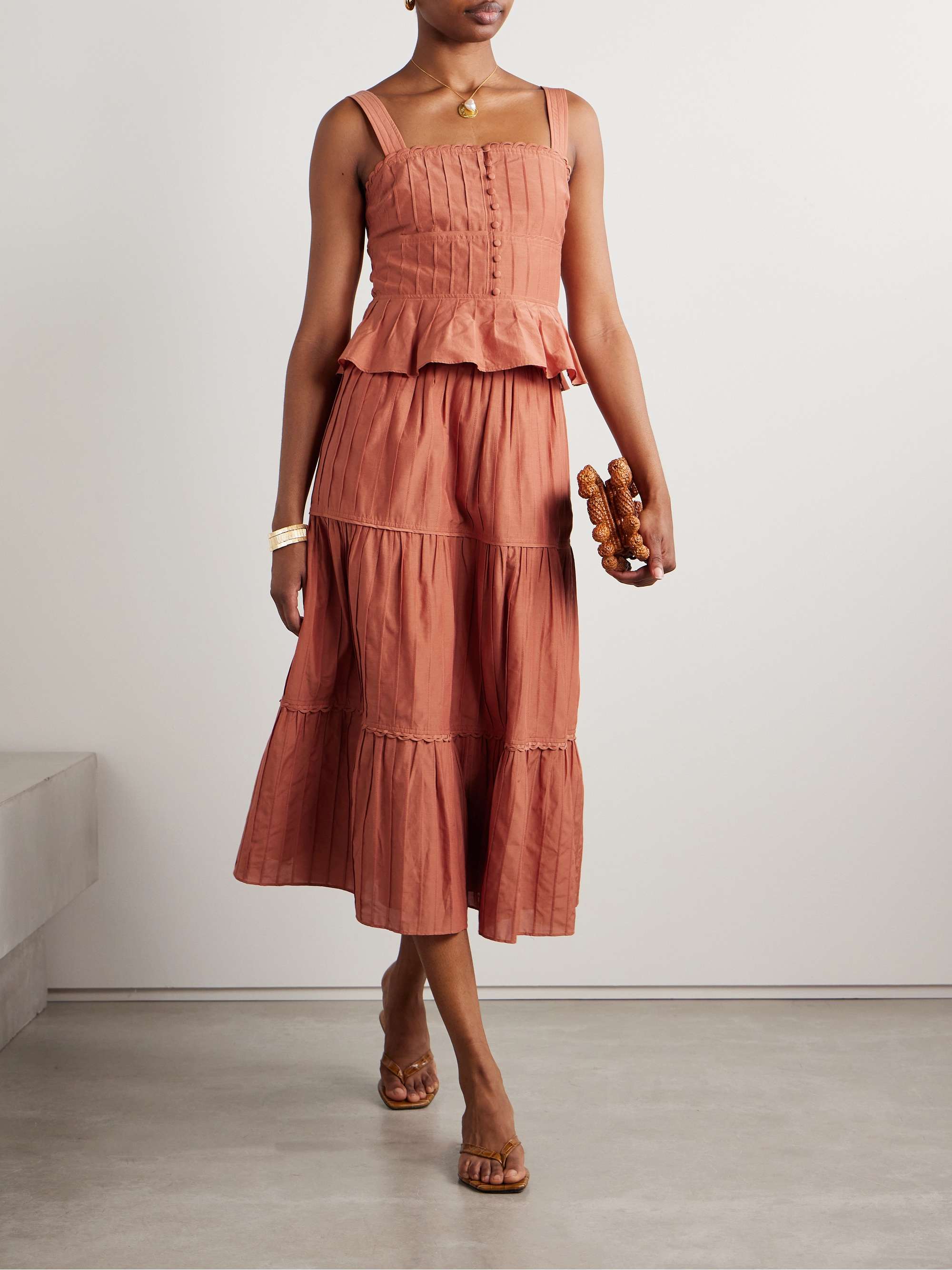 Tiered pintucked cotton and silk-blend midi skirt view