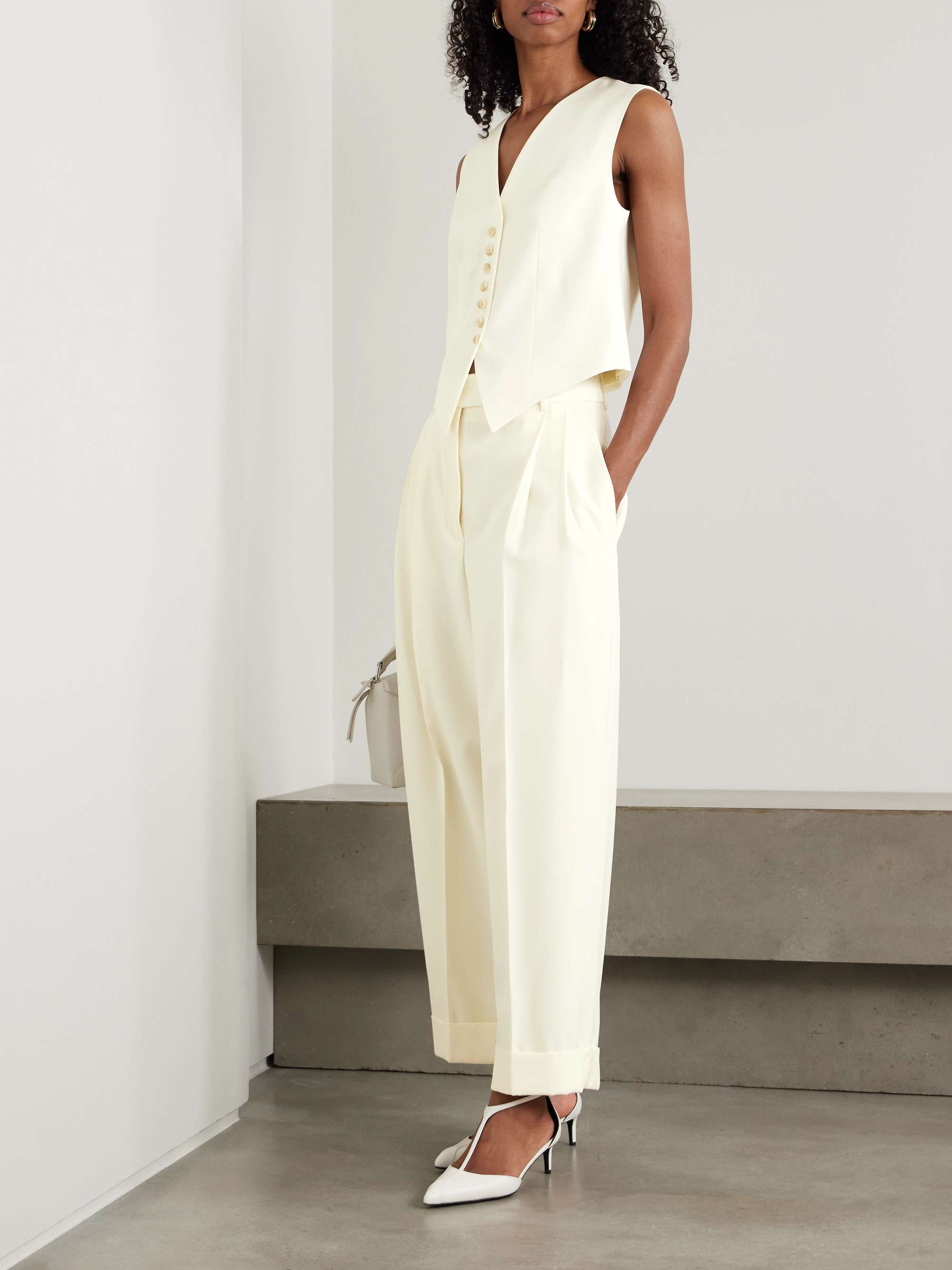 Cropped pleated wool wide-leg pants view