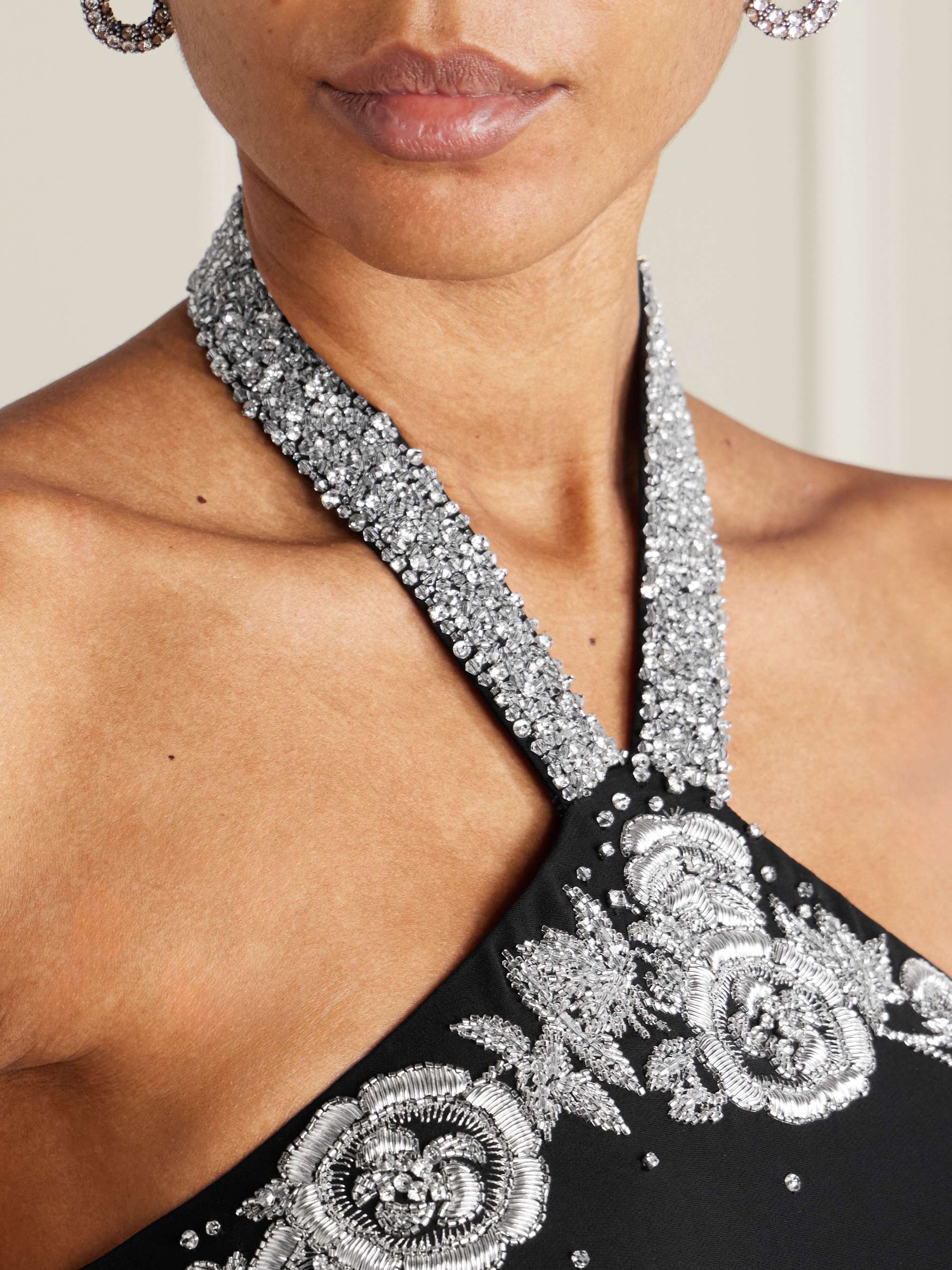 Cutout crystal-embellished embroidered crepe halterneck gown view