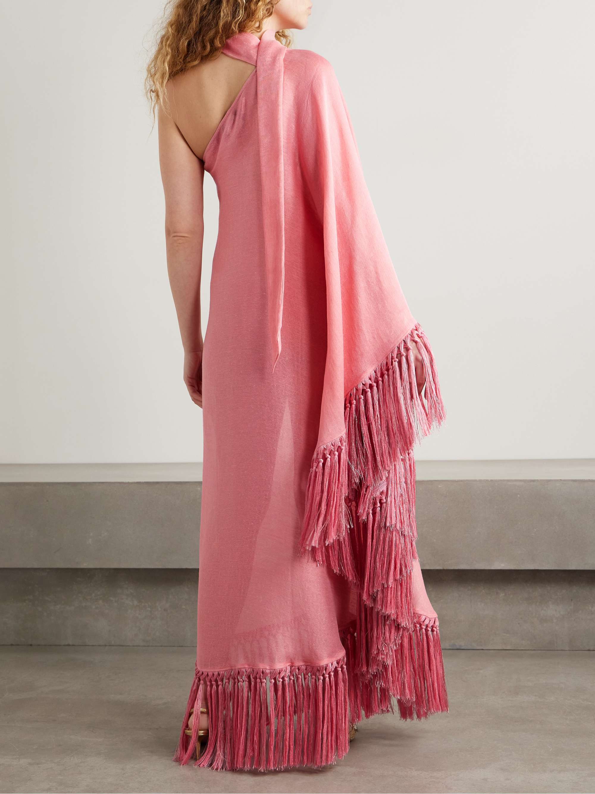 Arno one-sleeve fringed linen-blend gown view