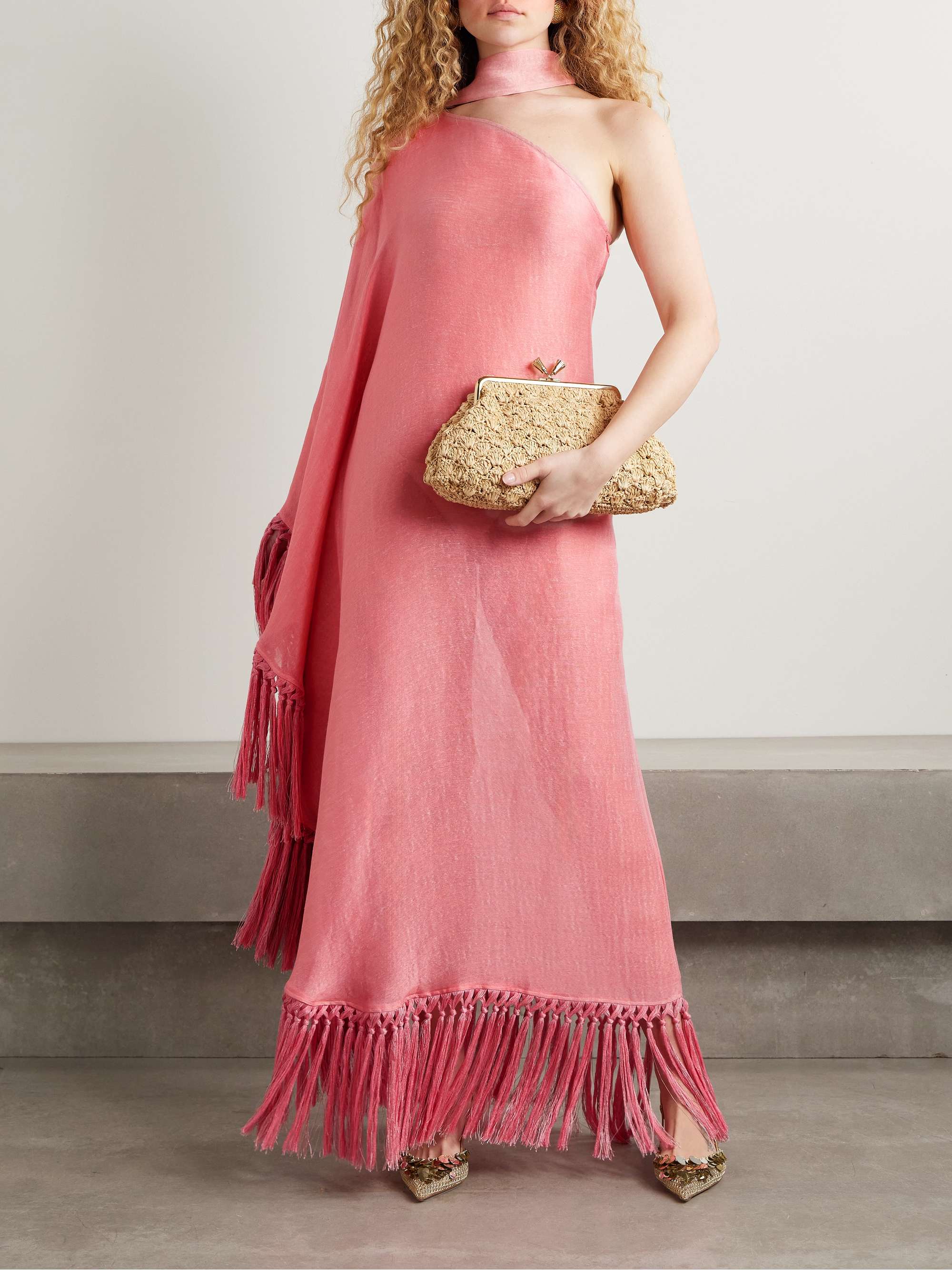 Arno one-sleeve fringed linen-blend gown view