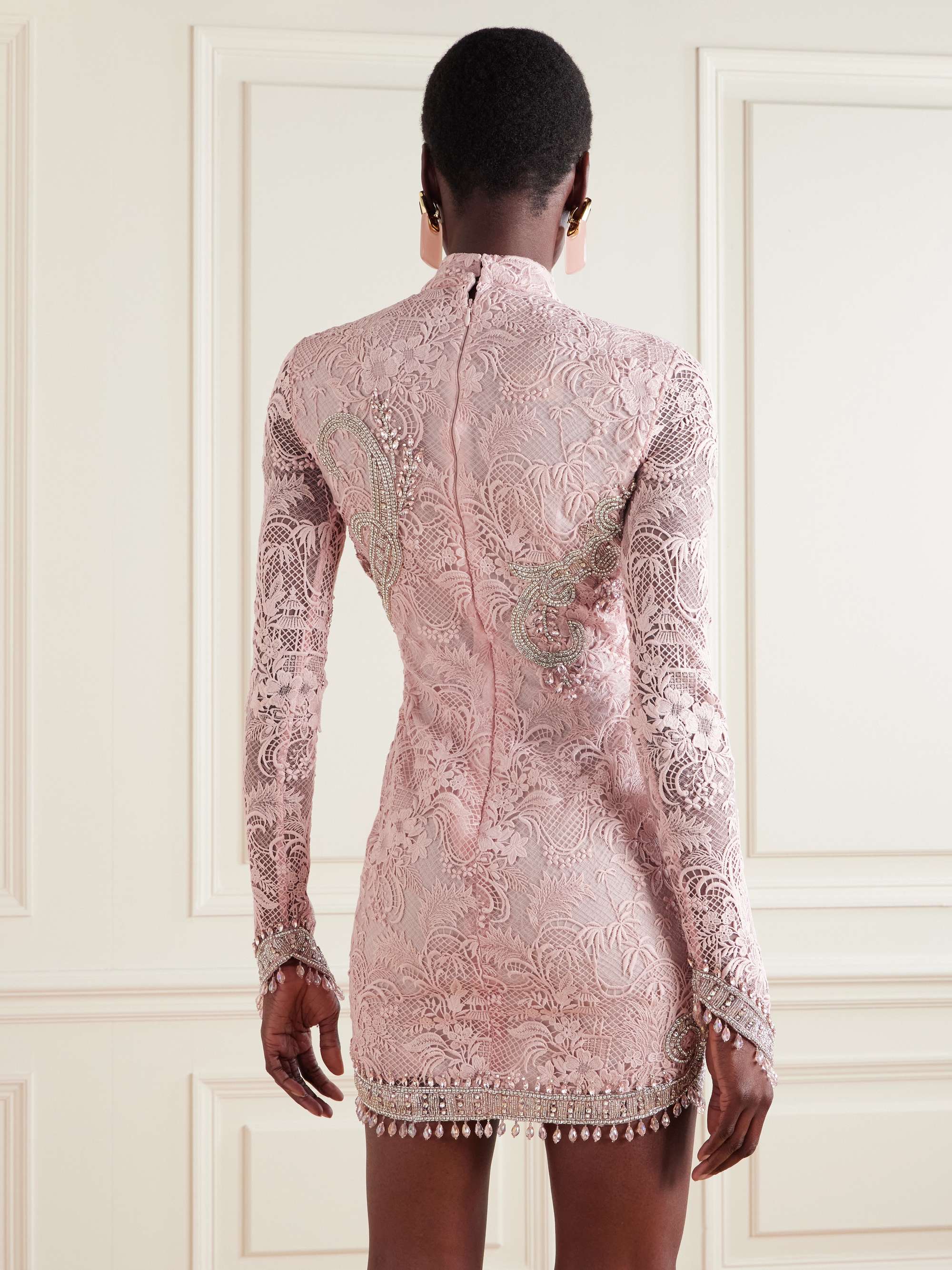 Embellished silk-blend guipure lace mini dress view