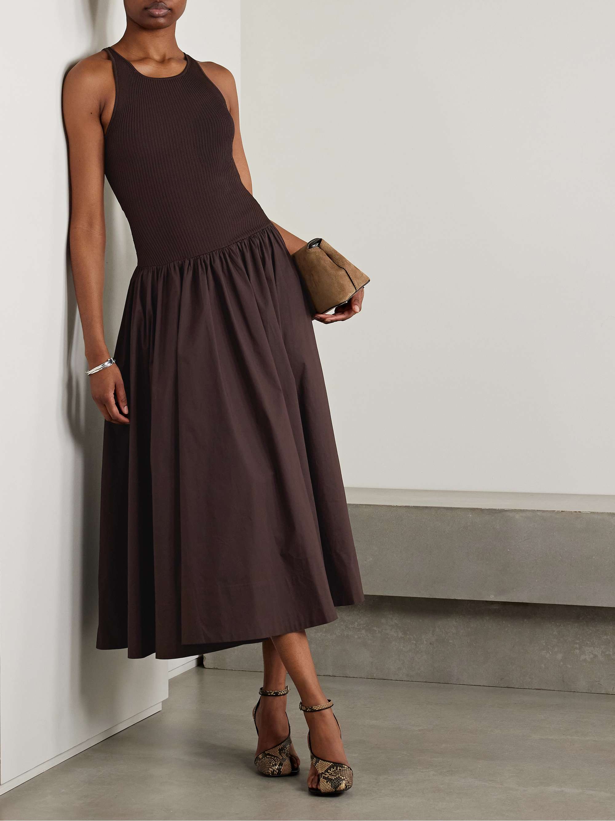 Yamila ribbed-knit and cotton-blend poplin midi dress view