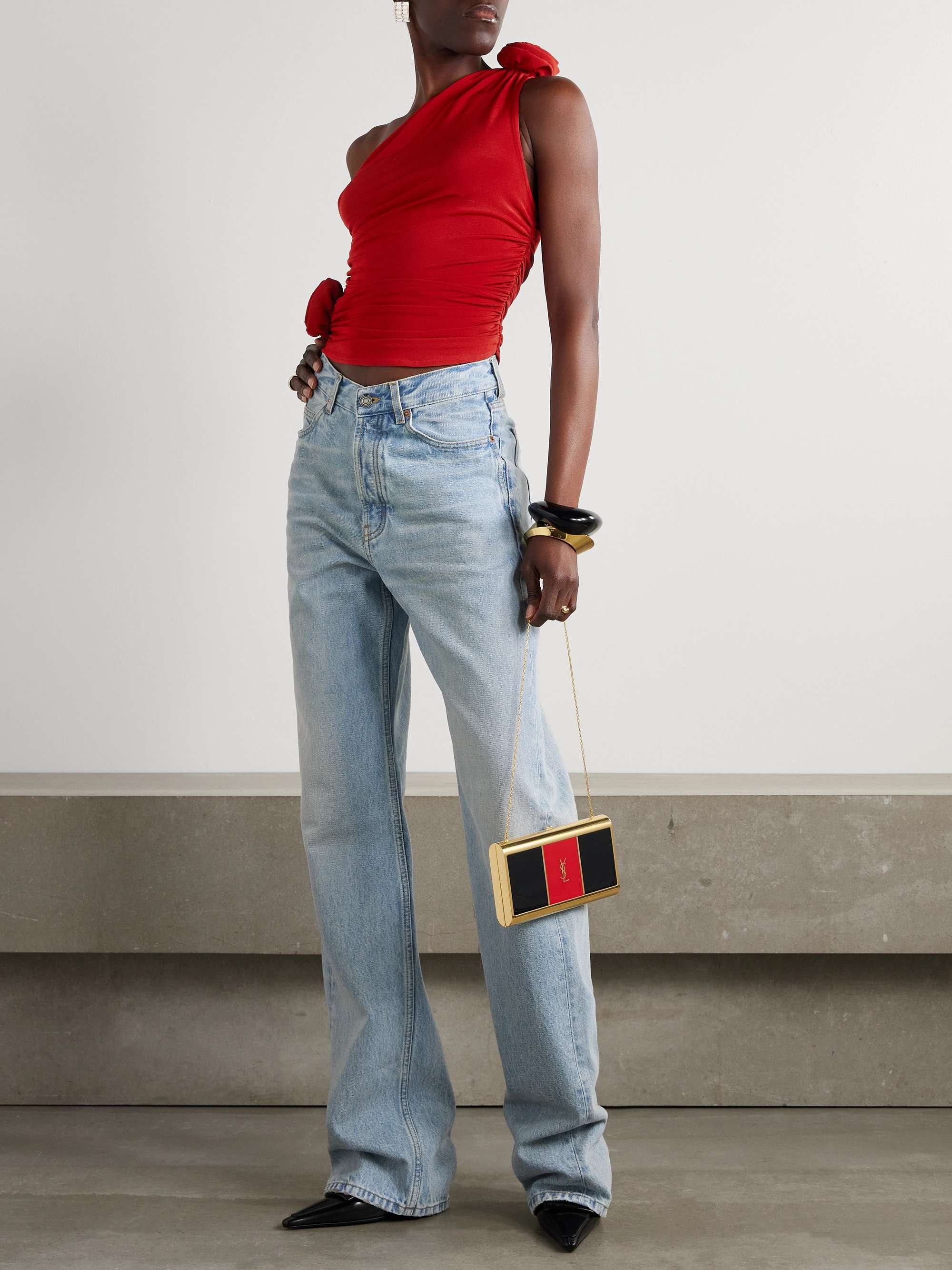 One-shoulder appliquéd ruched jersey top view