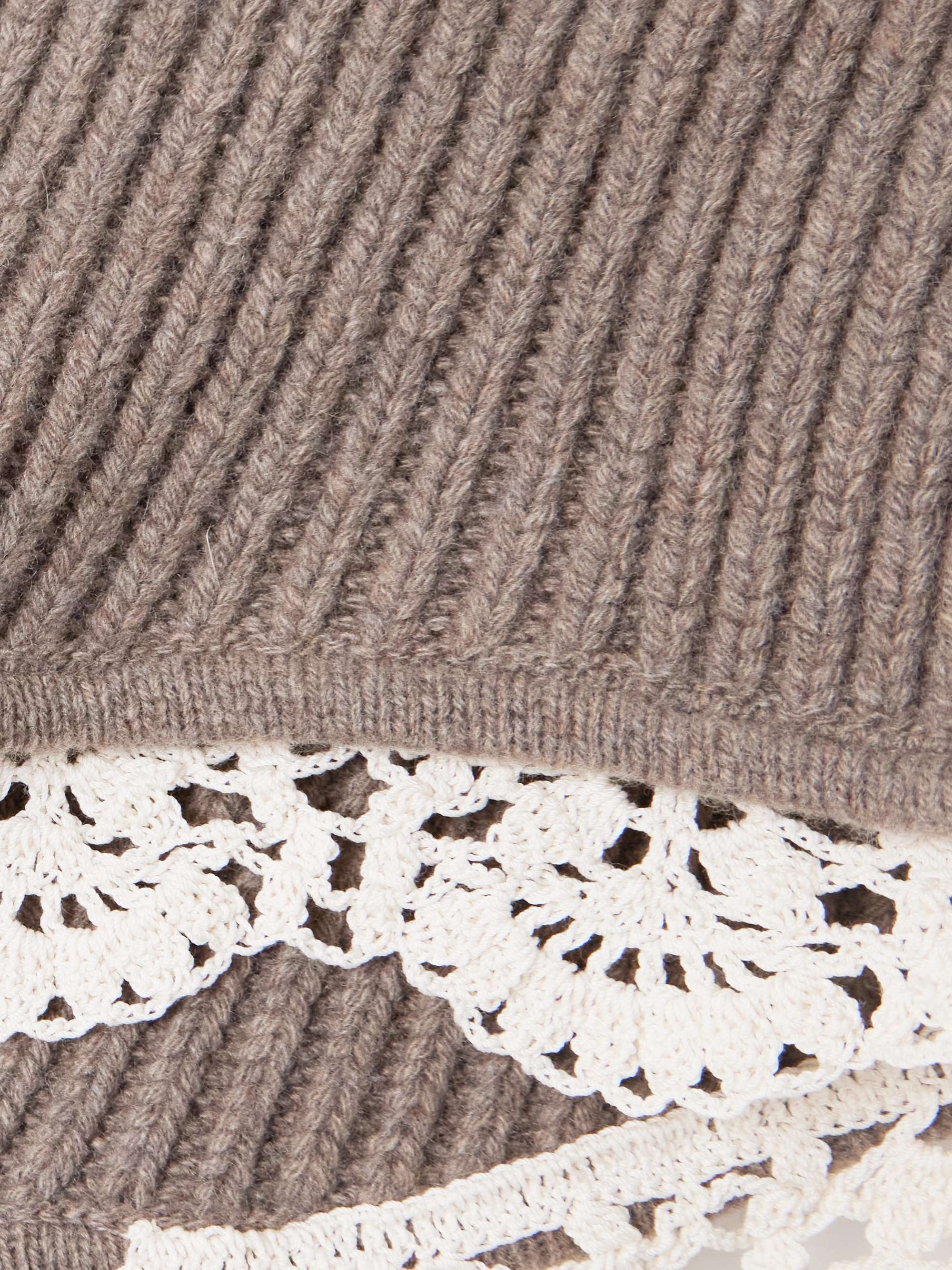 Crocheted cotton lace-trimmed ribbed cashmere shorts view