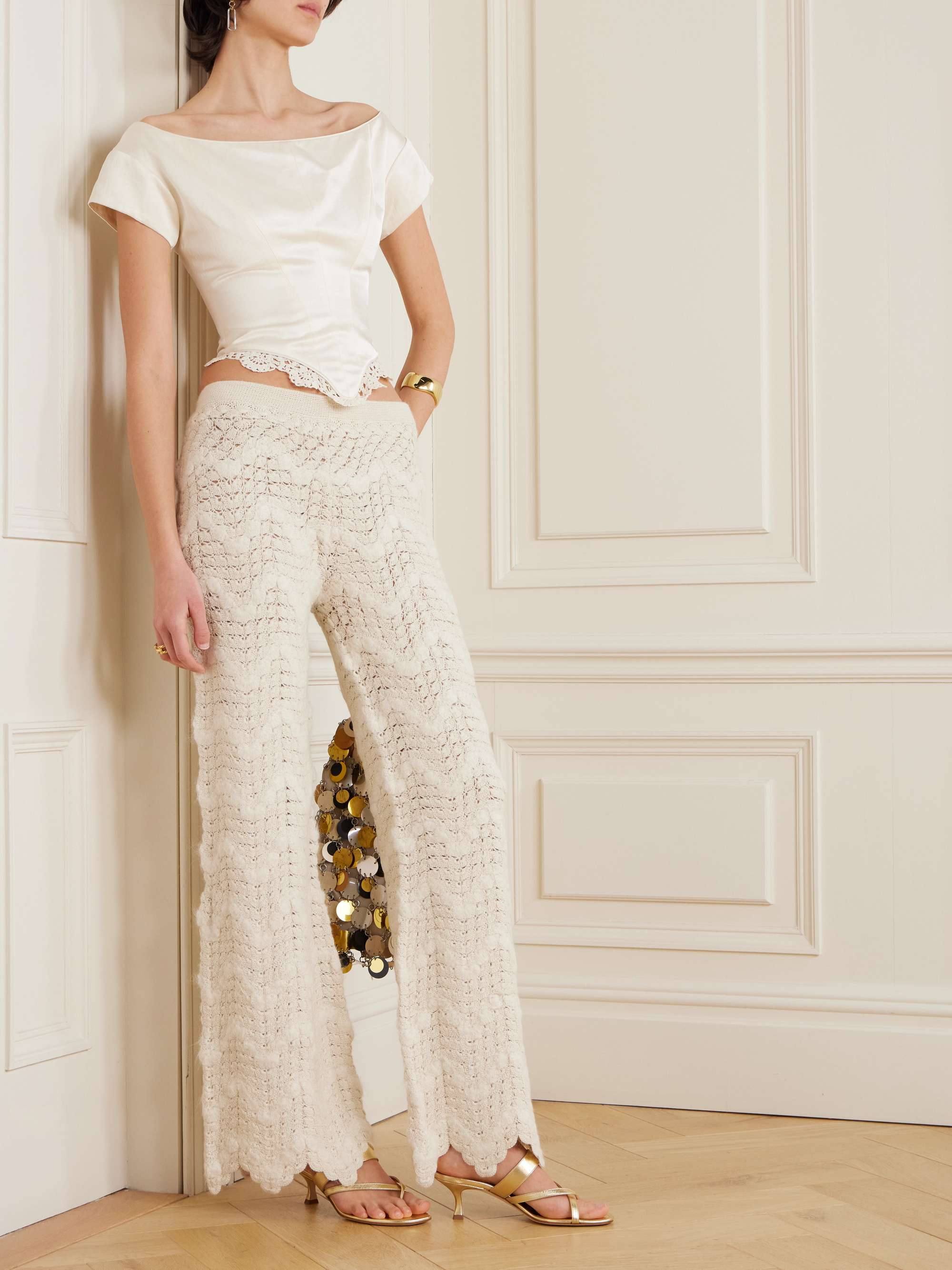 Off-the-shoulder crocheted cotton-trimmed satin top view