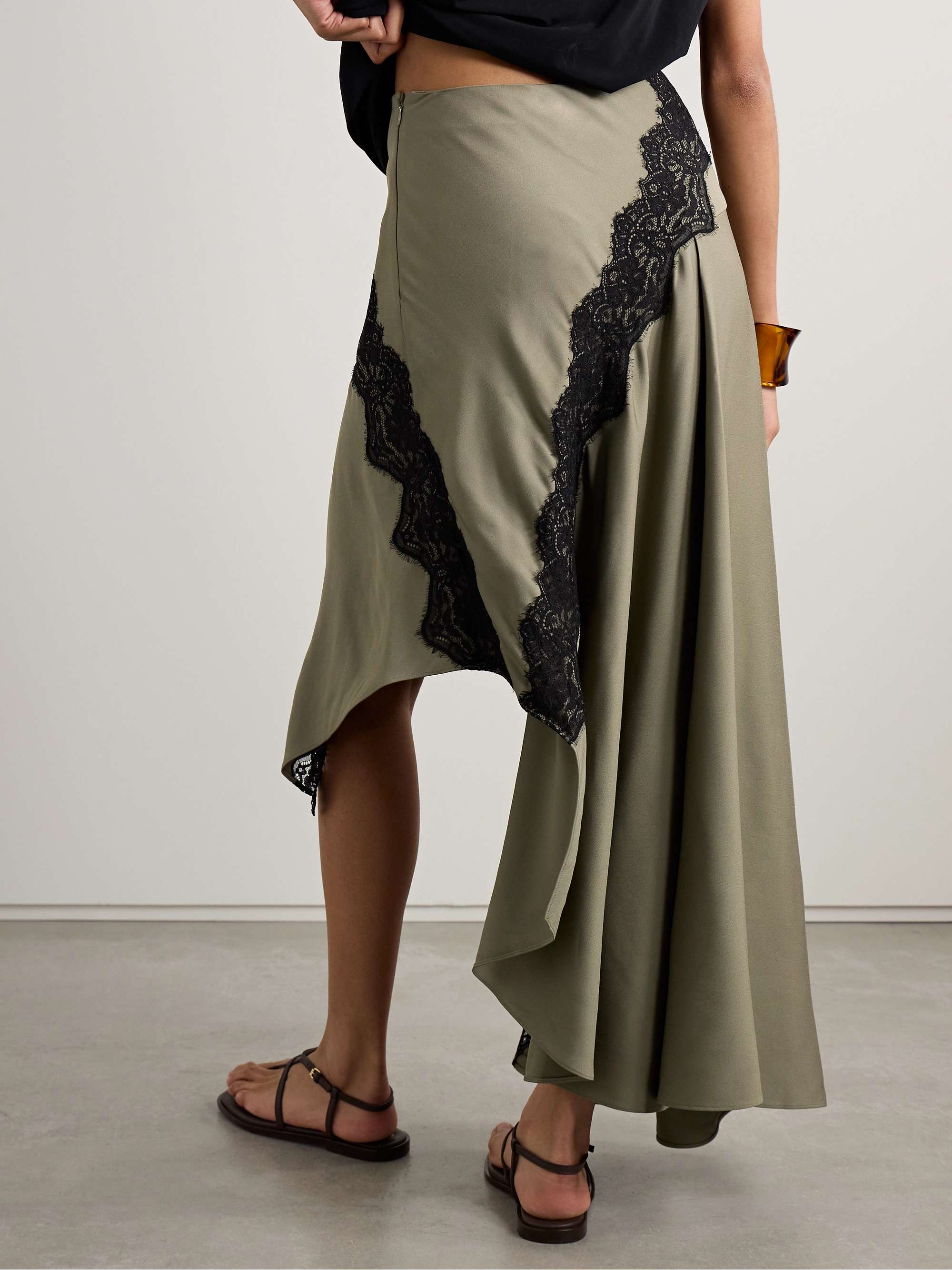 Verner asymmetric Chantilly lace-trimmed woven midi skirt view