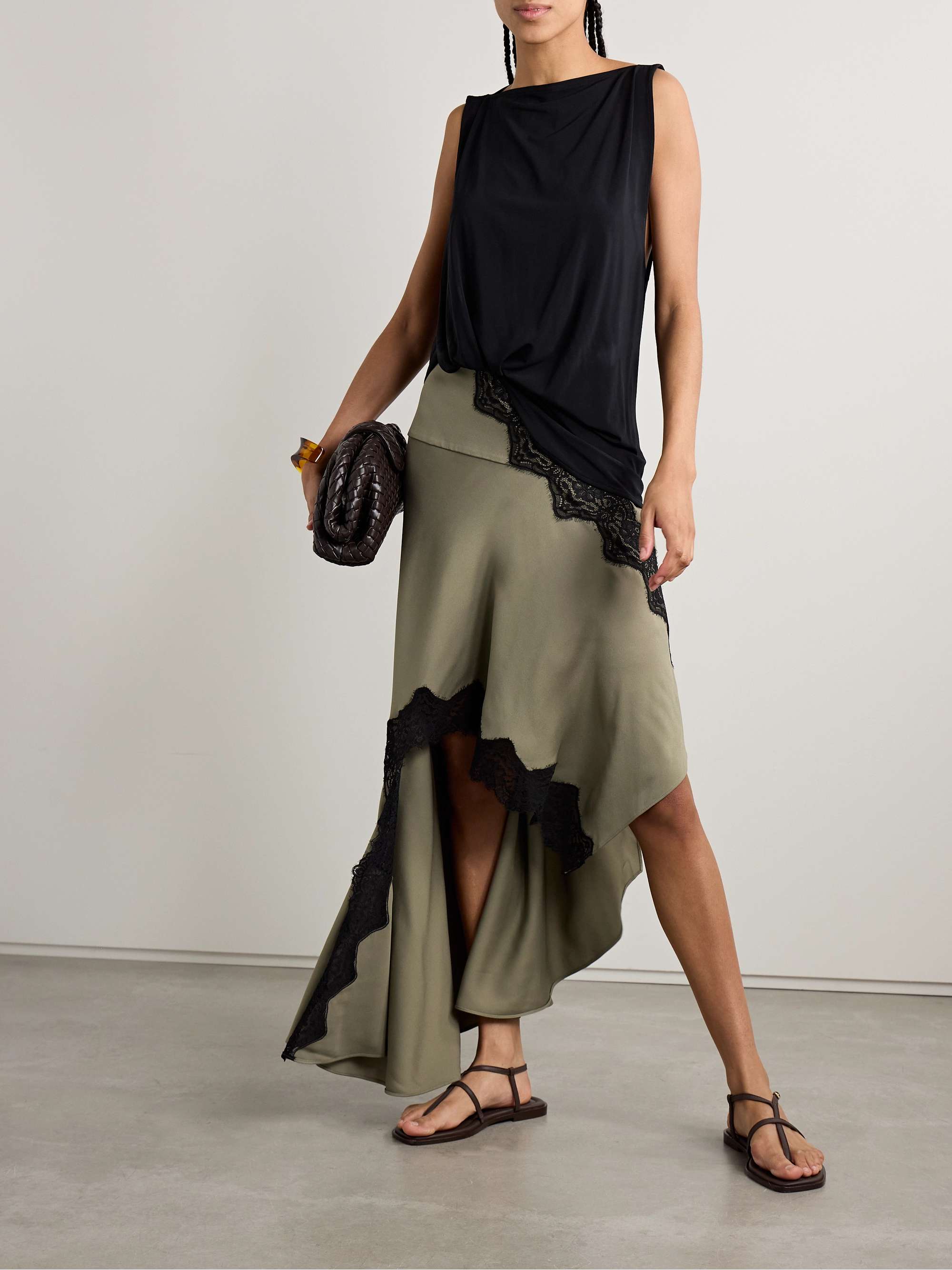 Verner asymmetric Chantilly lace-trimmed woven midi skirt view