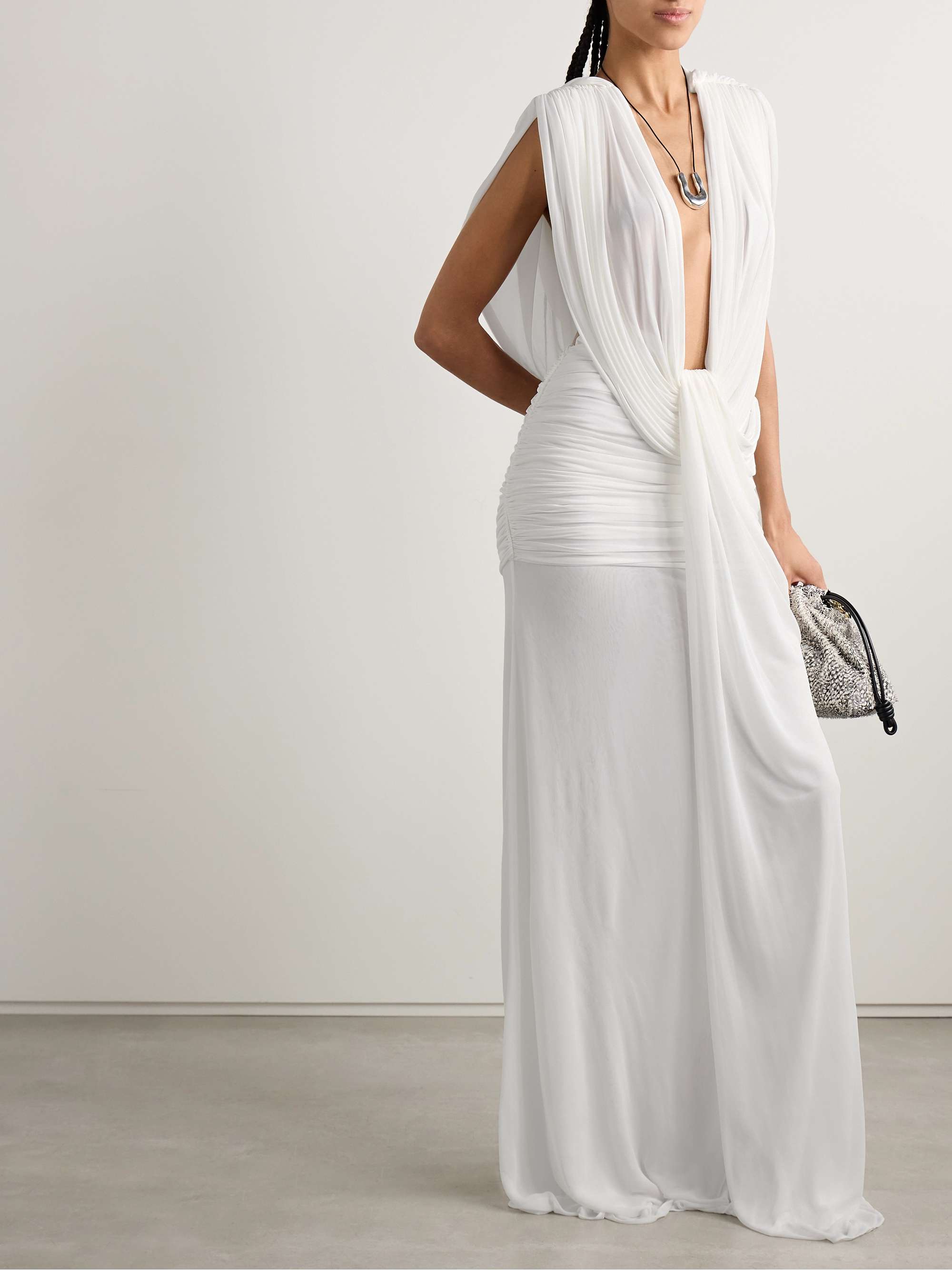 Ripple draped mesh gown view