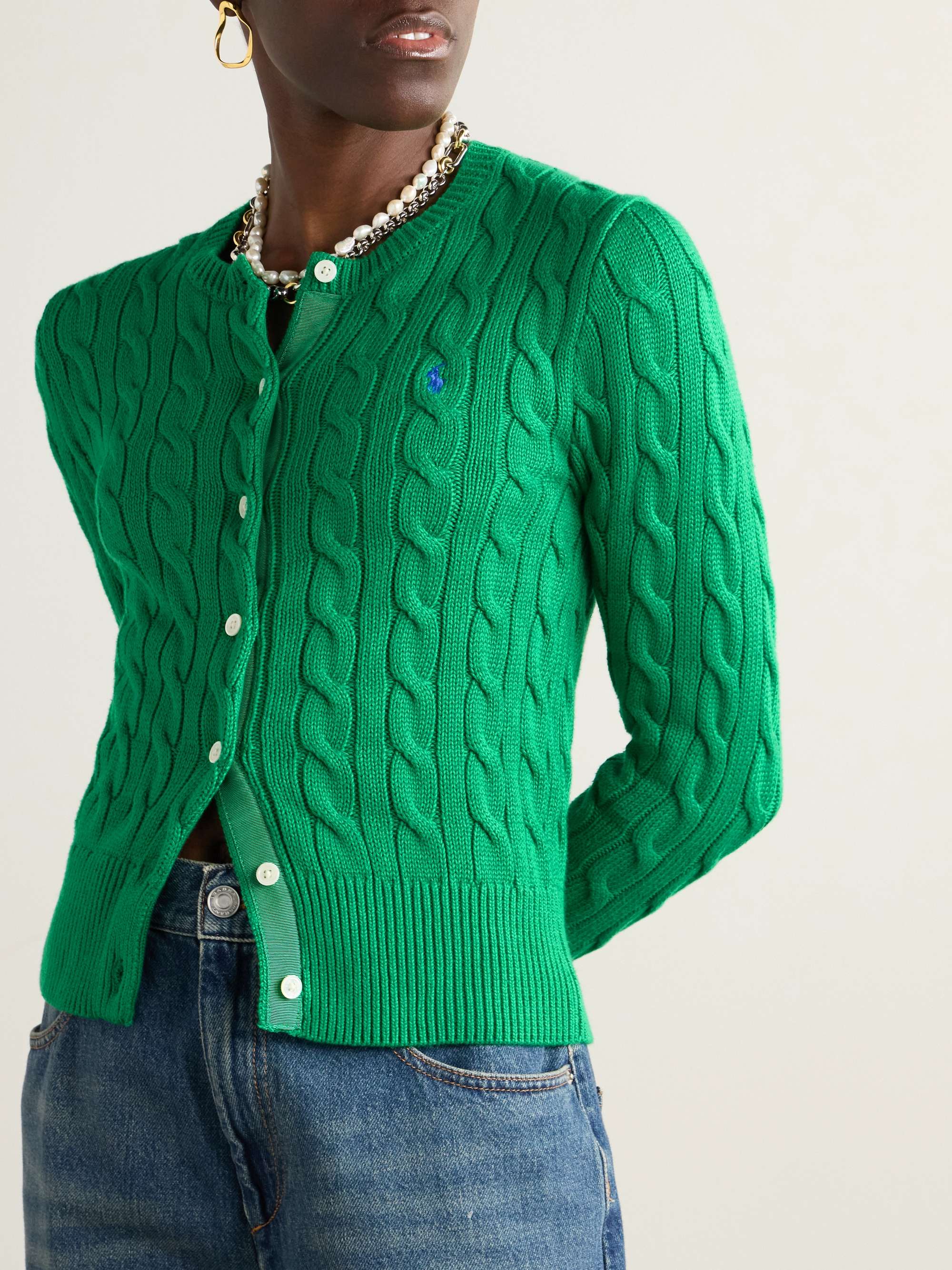 Embroidered cable-knit cotton cardigan view