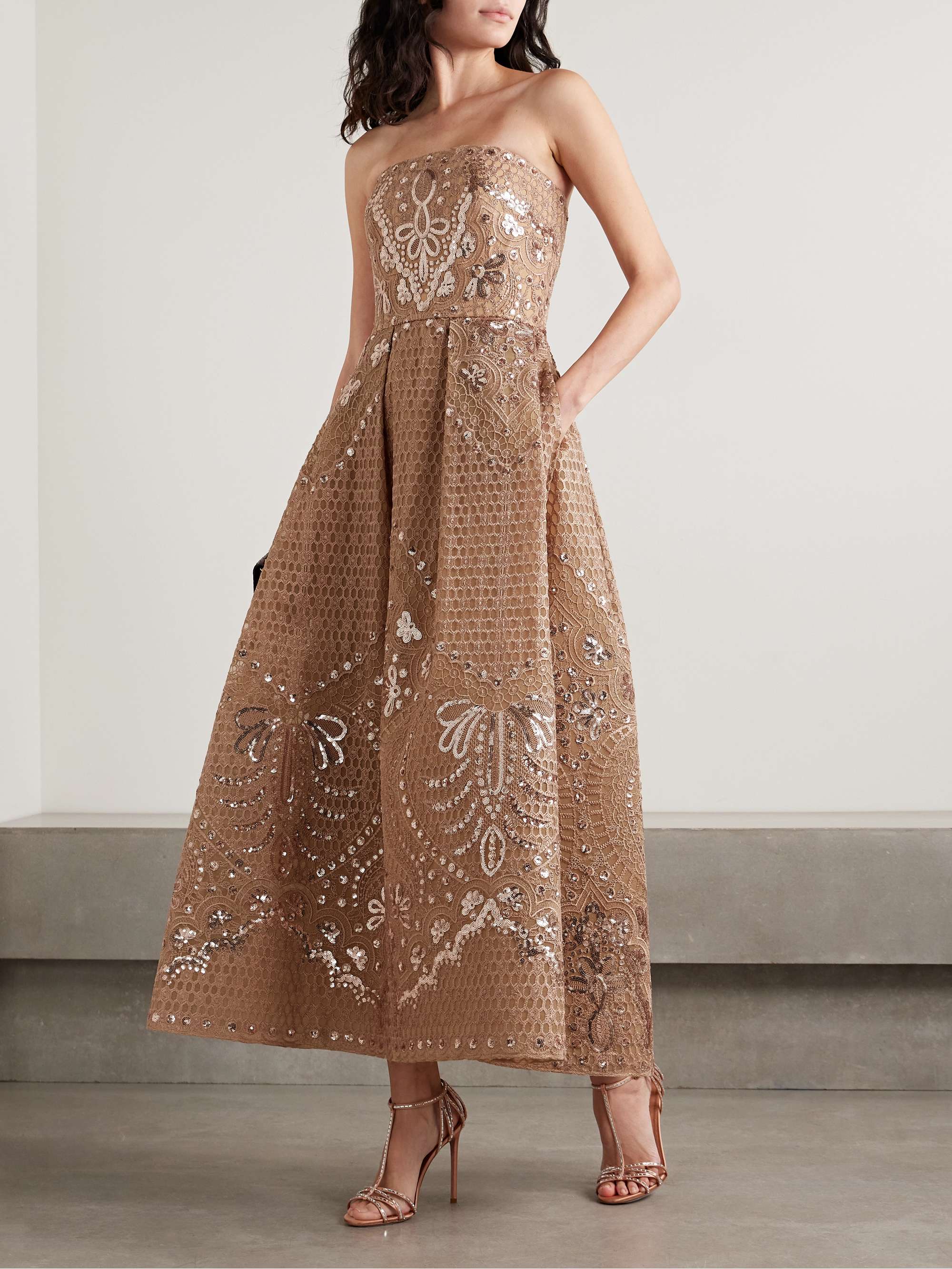 Strapless sequined embroidered tulle midi dress view