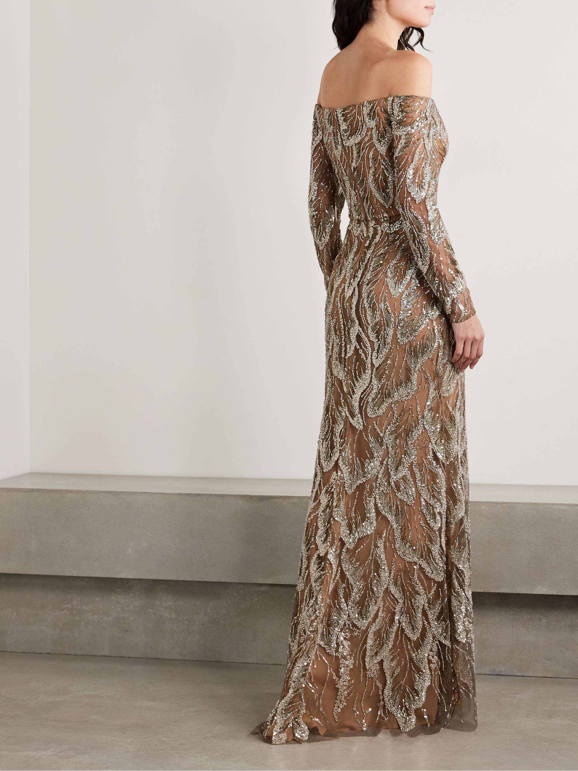 Off-the-shoulder embellished embroidered silk-blend tulle gown view