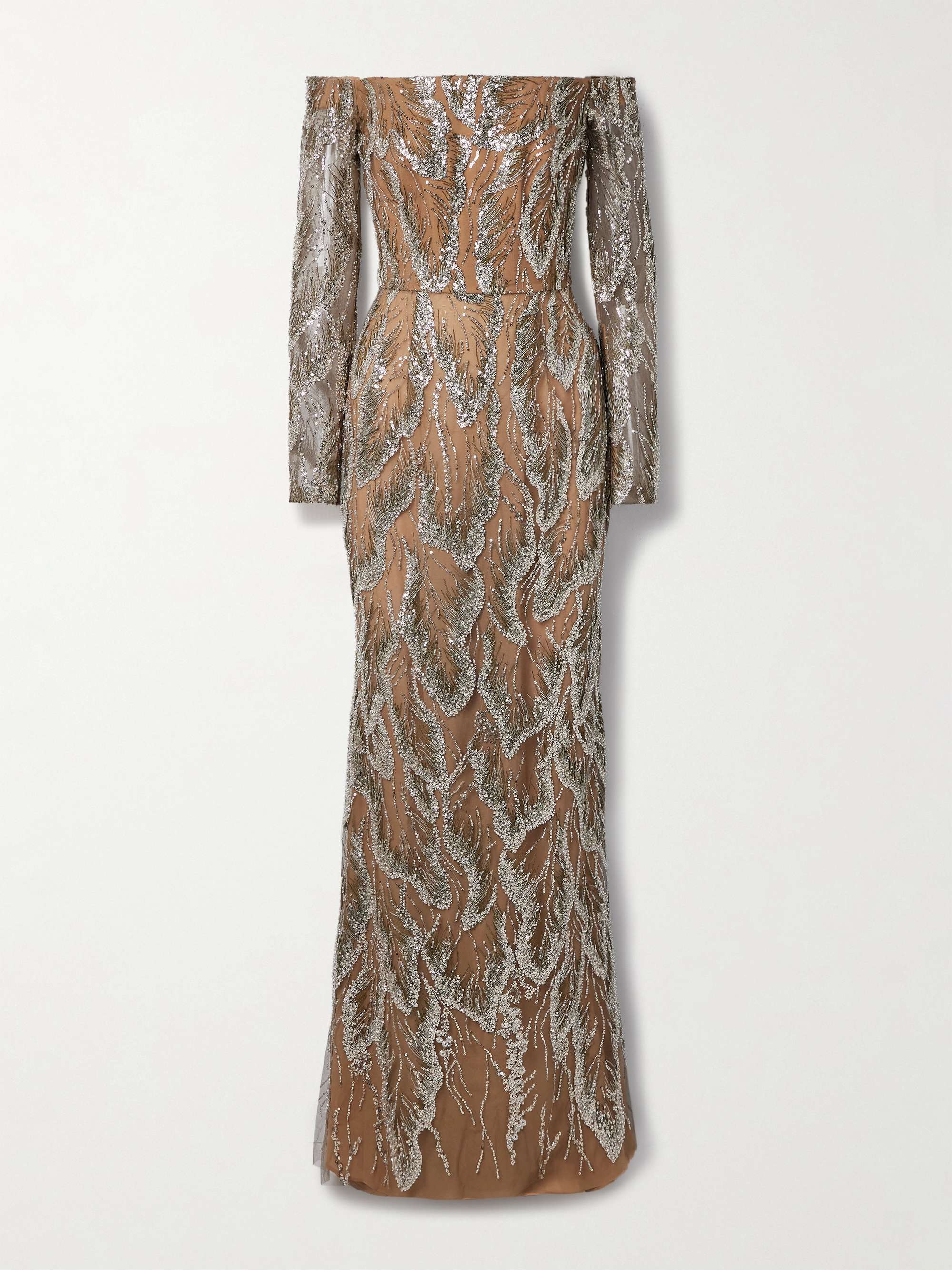 Off-the-shoulder embellished embroidered silk-blend tulle gown view