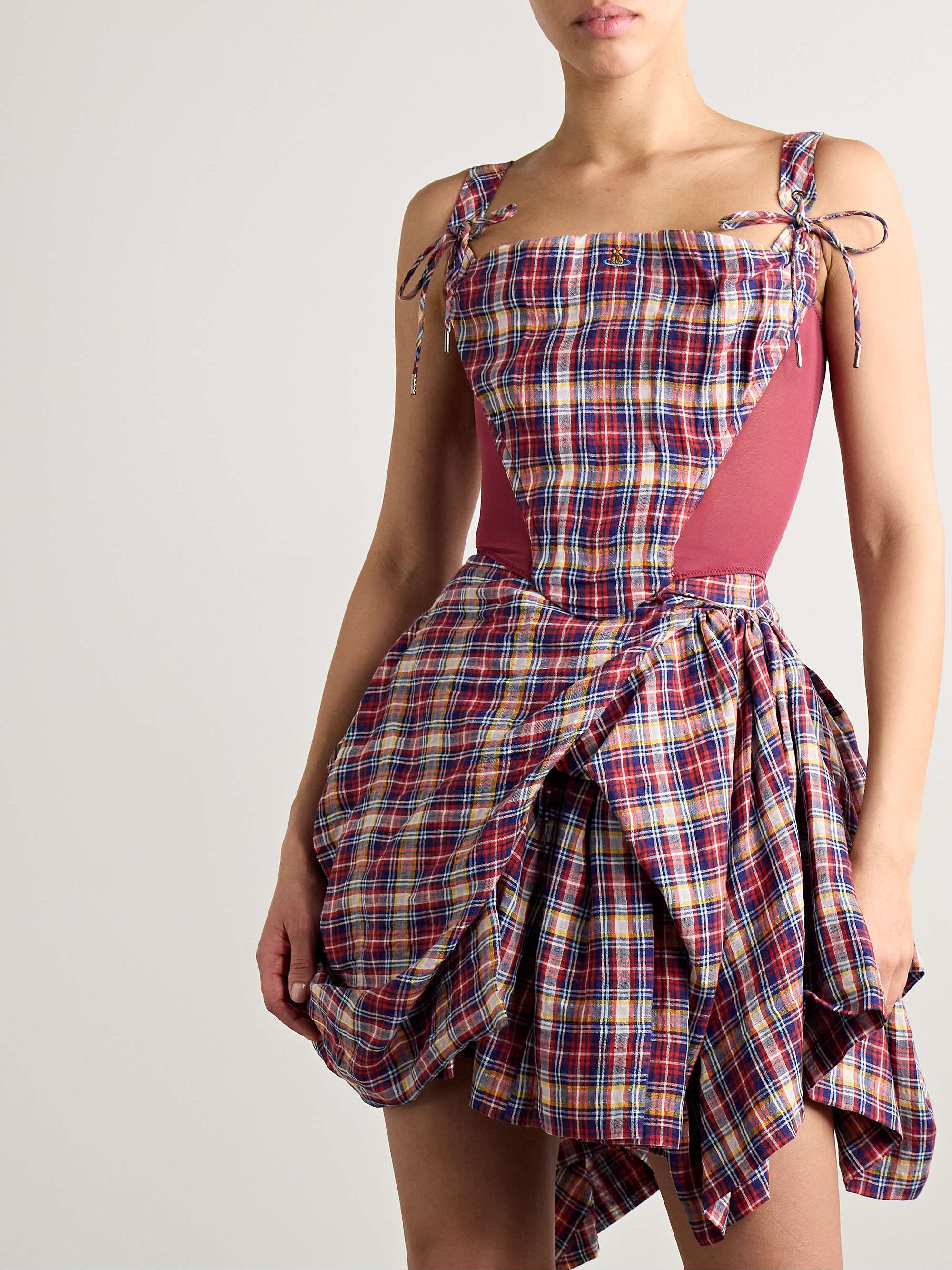 Puppy mesh-trimmed checked linen and cotton-blend bustier top view