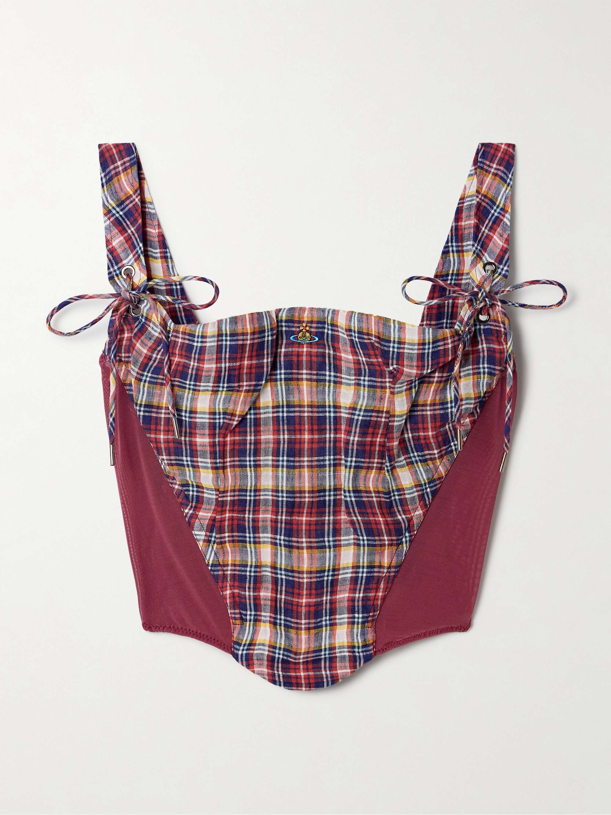 Puppy mesh-trimmed checked linen and cotton-blend bustier top view
