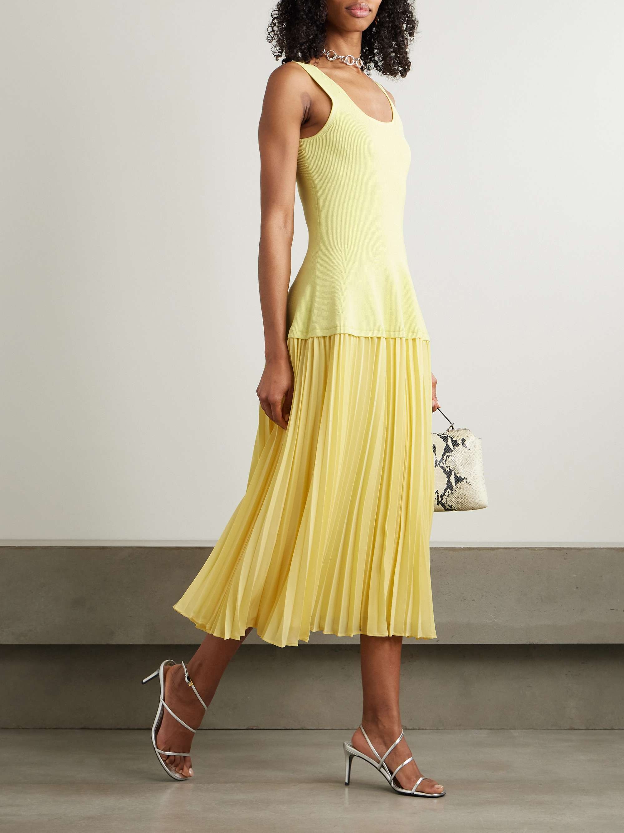 Allana pleated georgette and ribbed-knit midi dress view