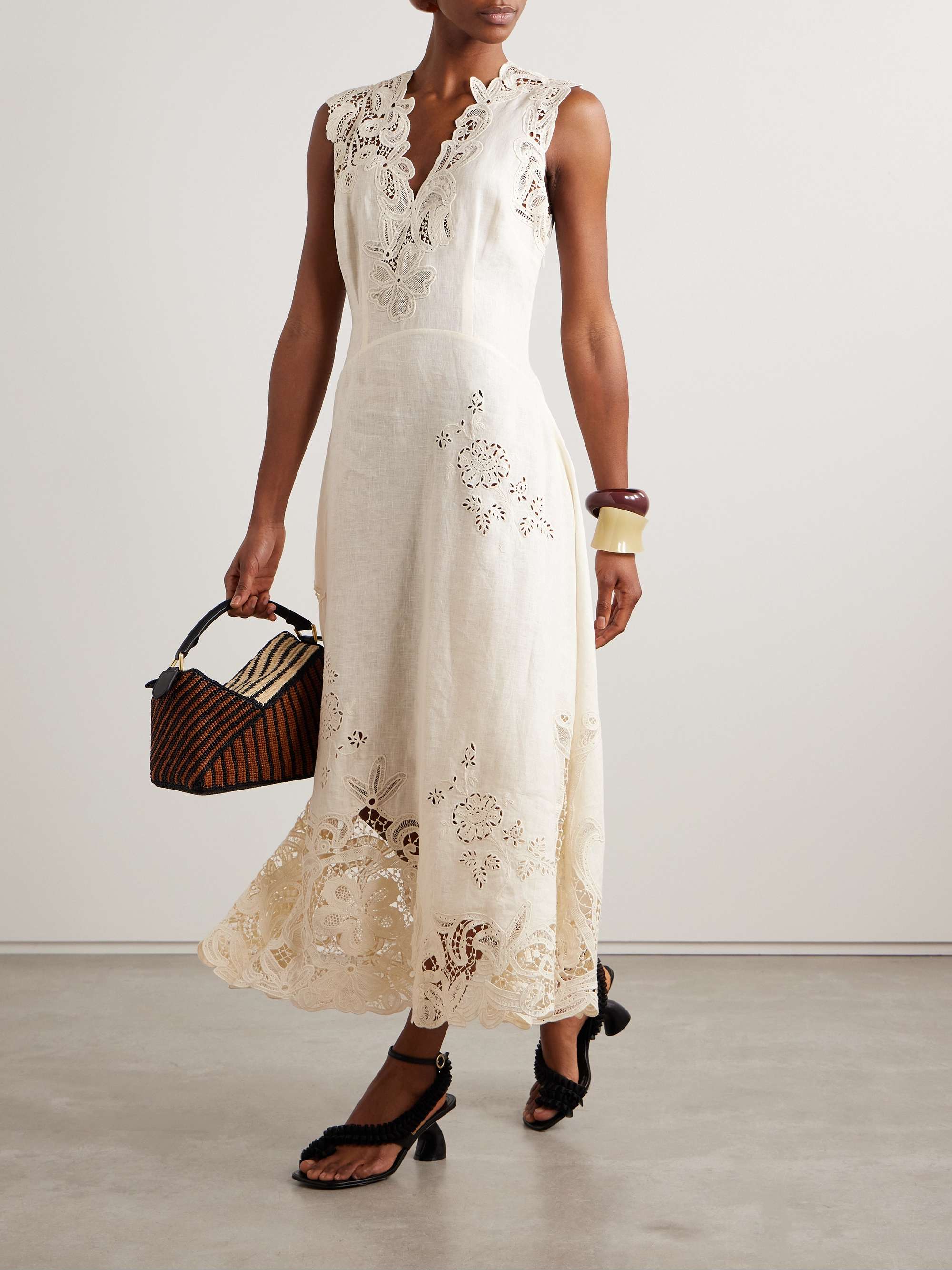Olivette guipure lace-trimmed broderie anglaise linen midi dress view