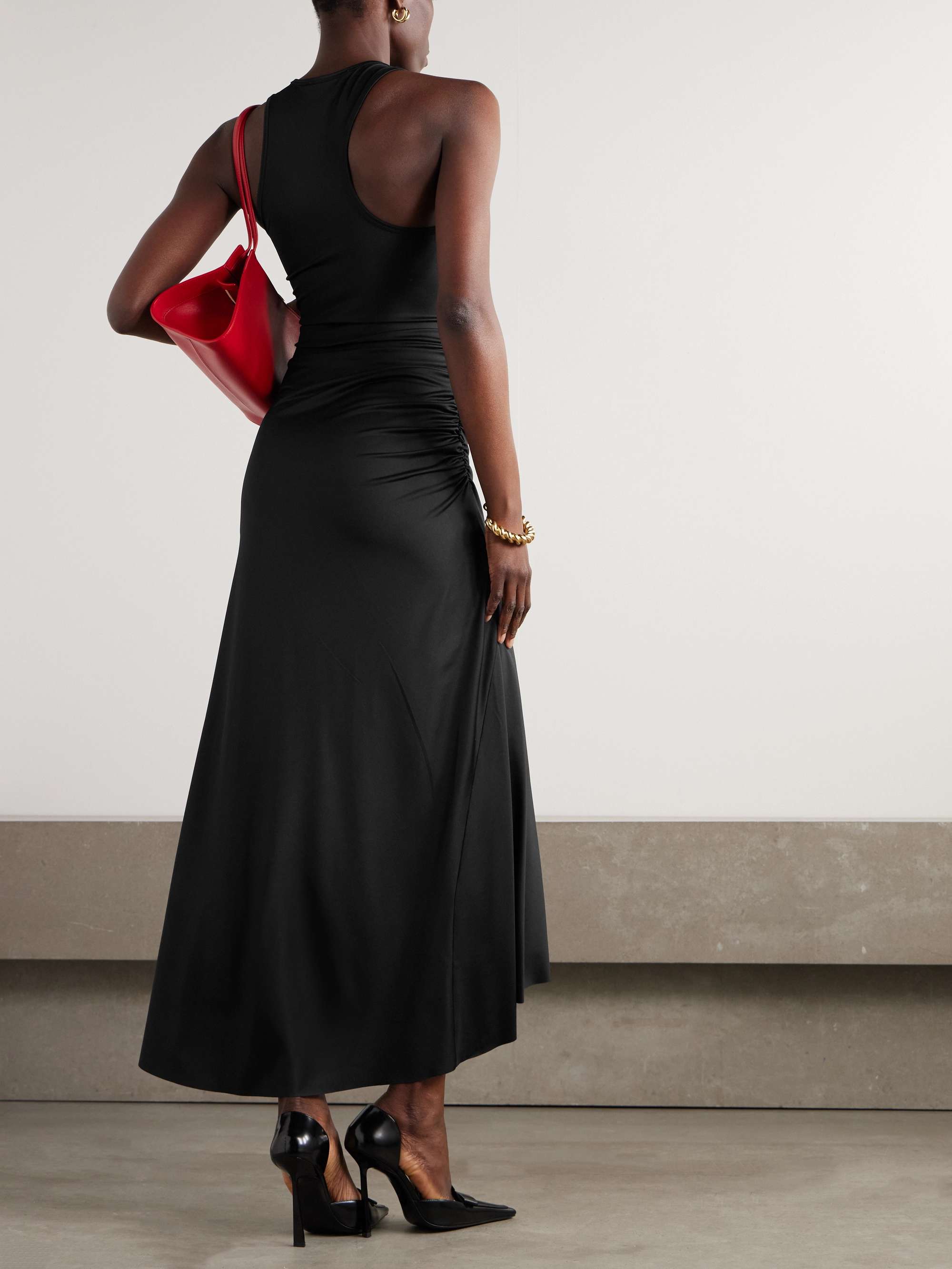 Asymmetric ruched satin-jersey midi dress view