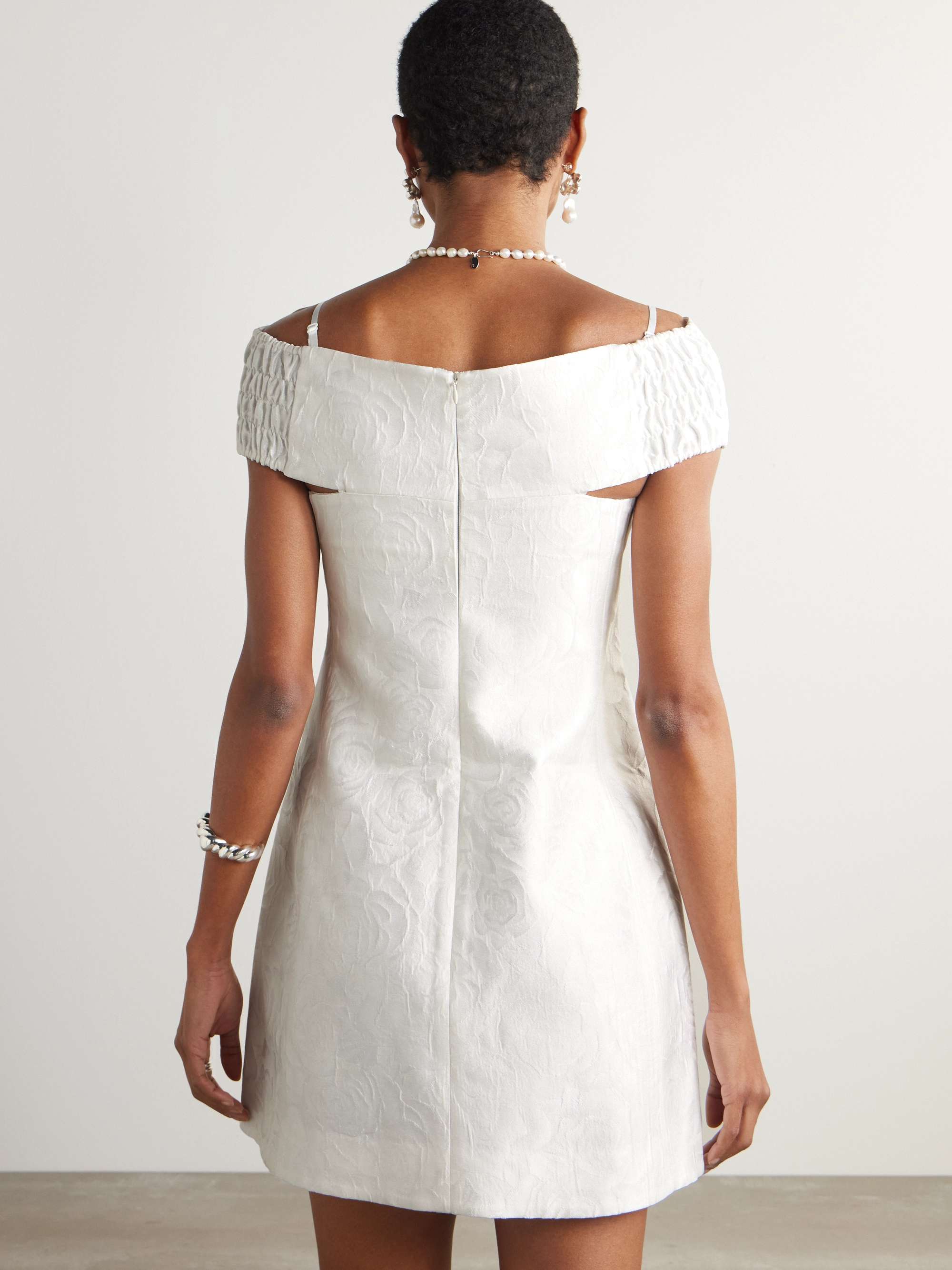 Cold-shoulder bow-embellished jacquard mini dress view