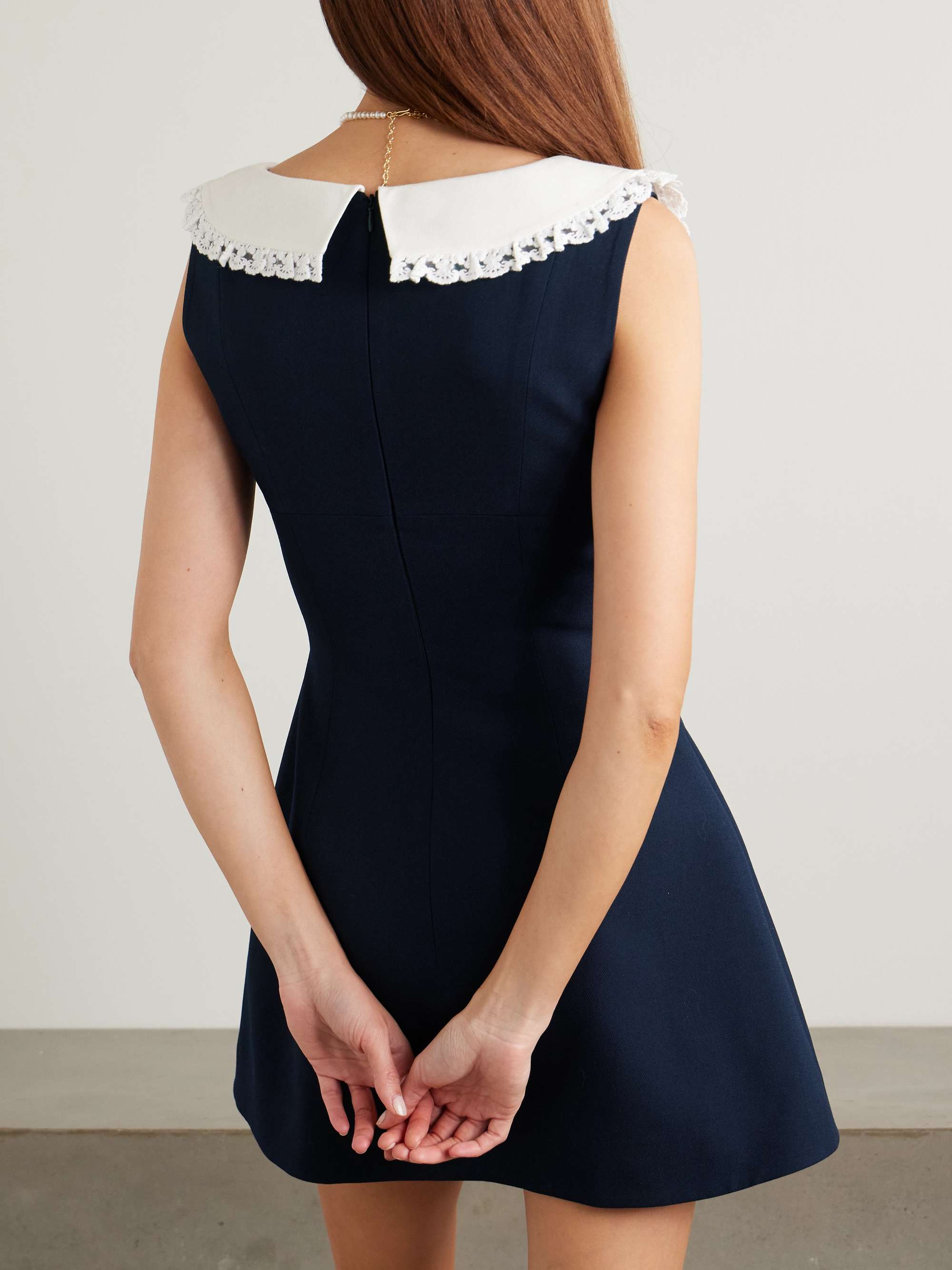 Lace-trimmed bow-detailed wool and silk-blend twill mini dress view