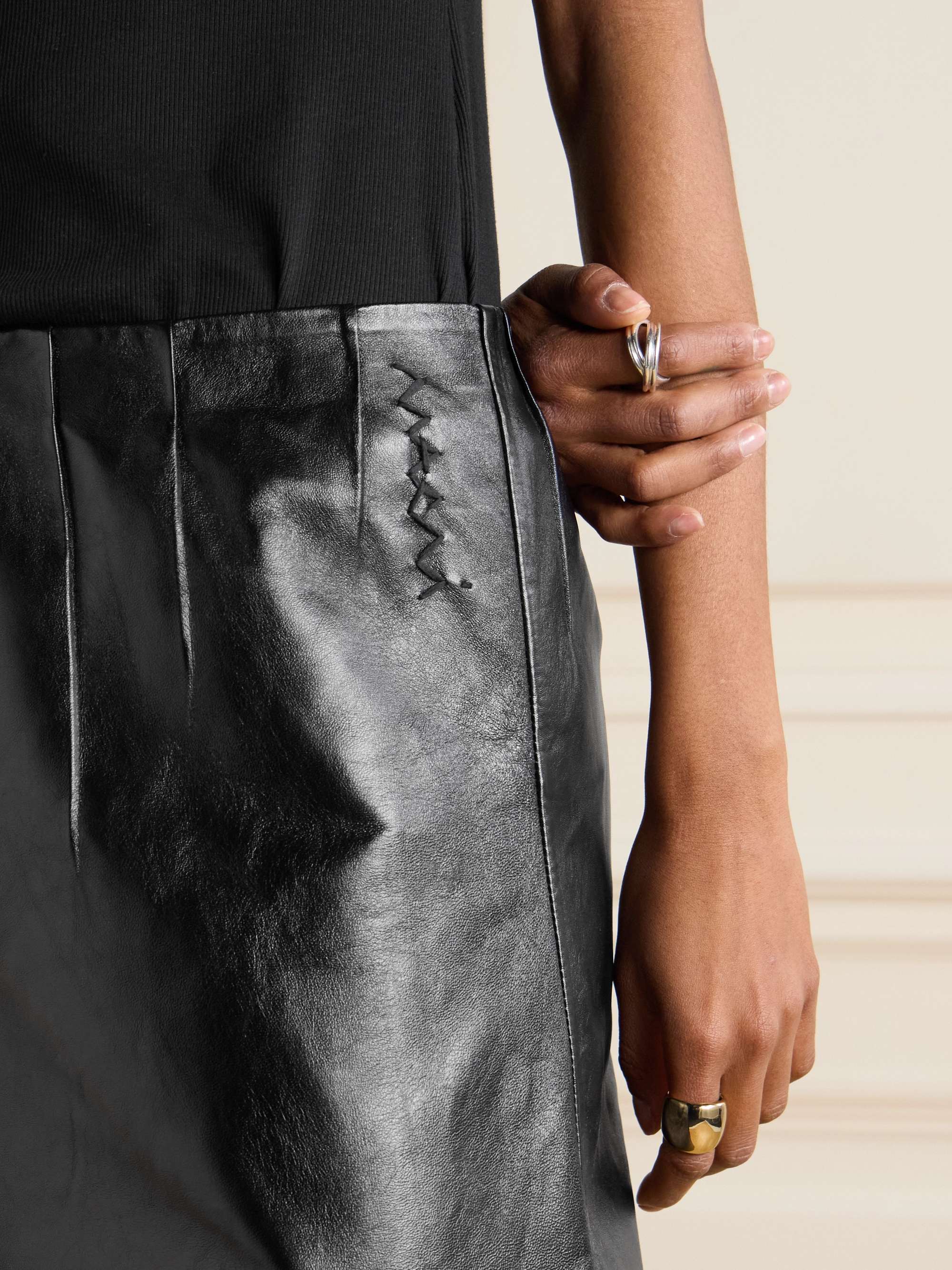 Paneled crinkled-leather midi skirt view