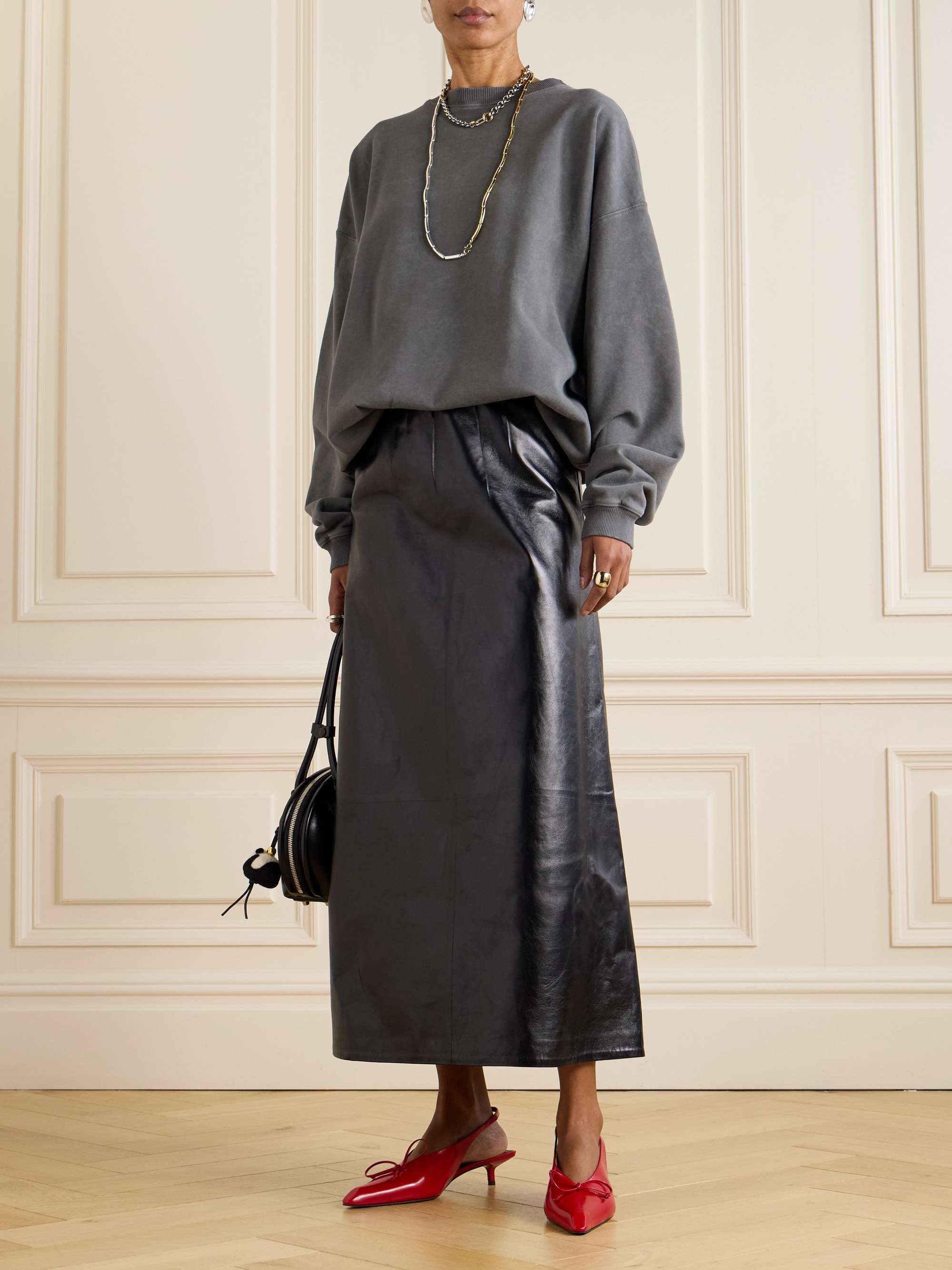 Paneled crinkled-leather midi skirt view
