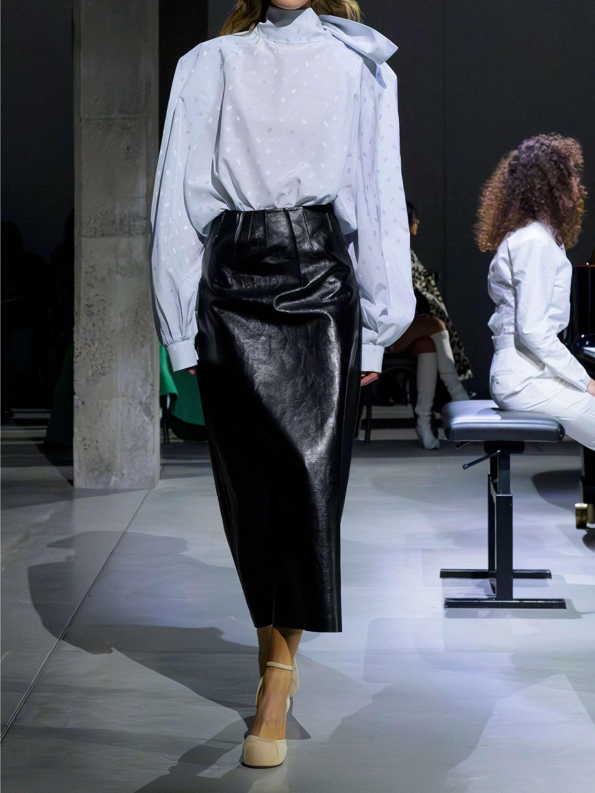 Paneled crinkled-leather midi skirt view