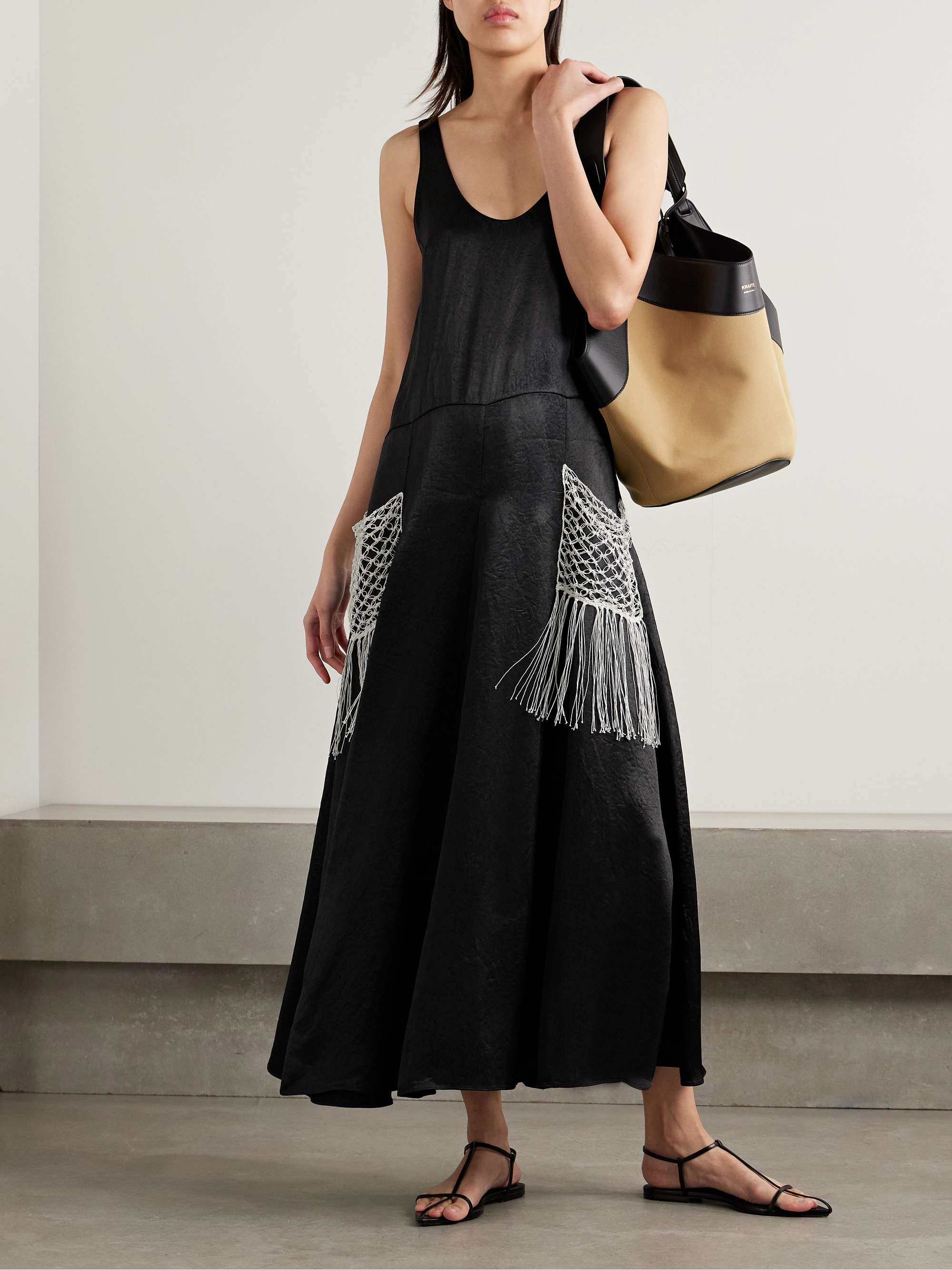 Macramé-trimmed satin-twill maxi dress view