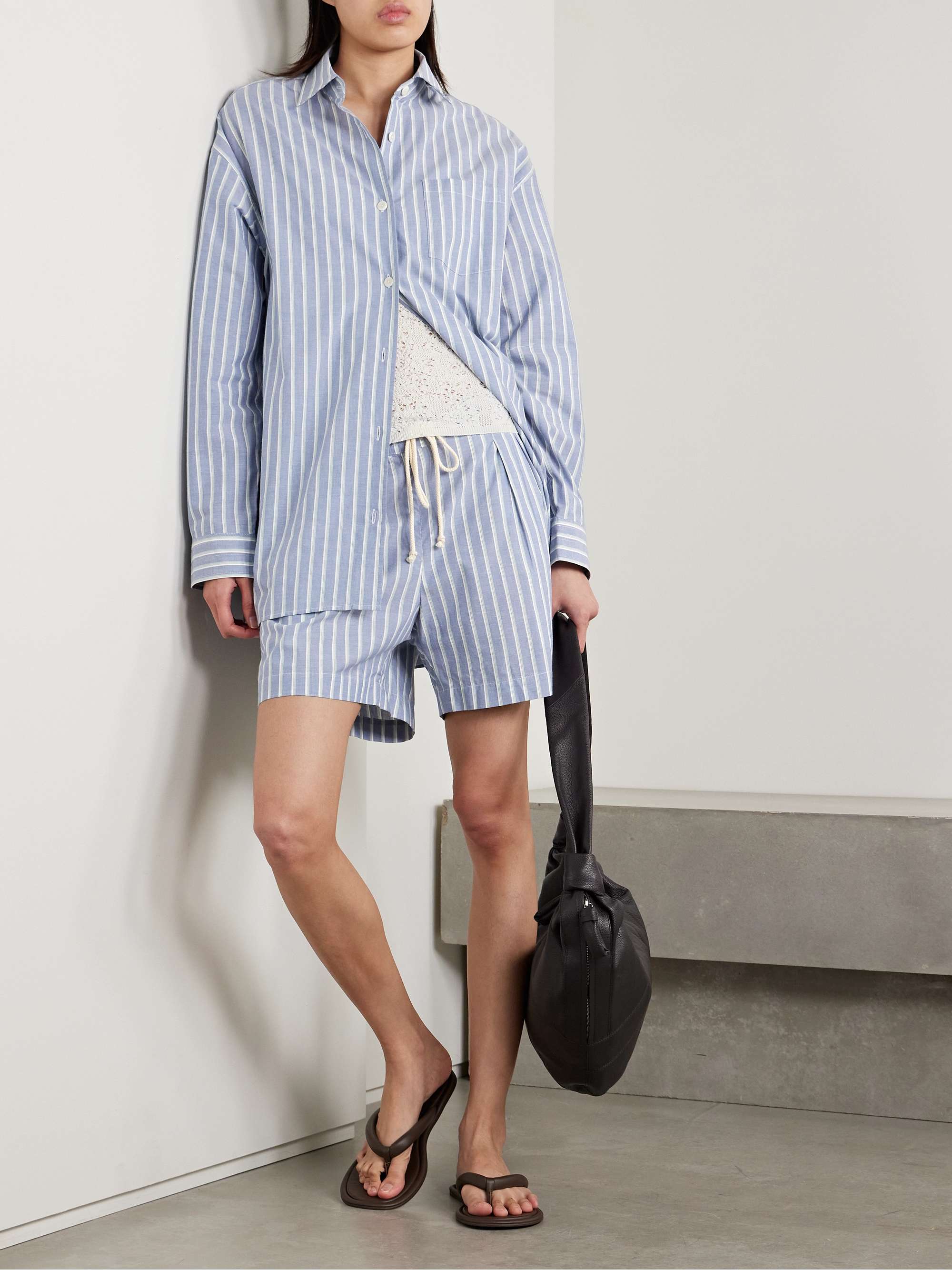Pleated striped organic cotton shorts view