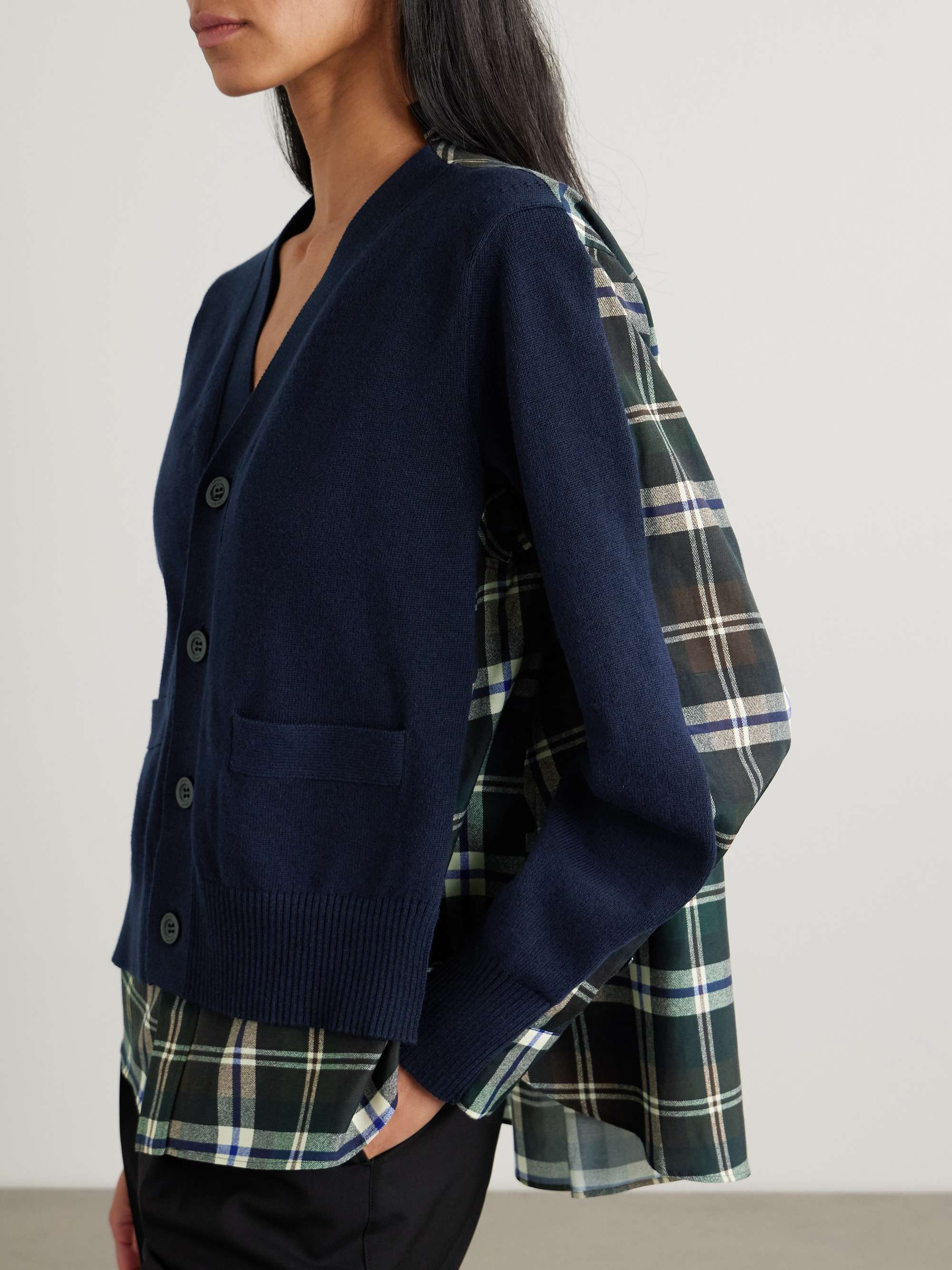 Paneled cotton-blend and checked poplin cardigan view