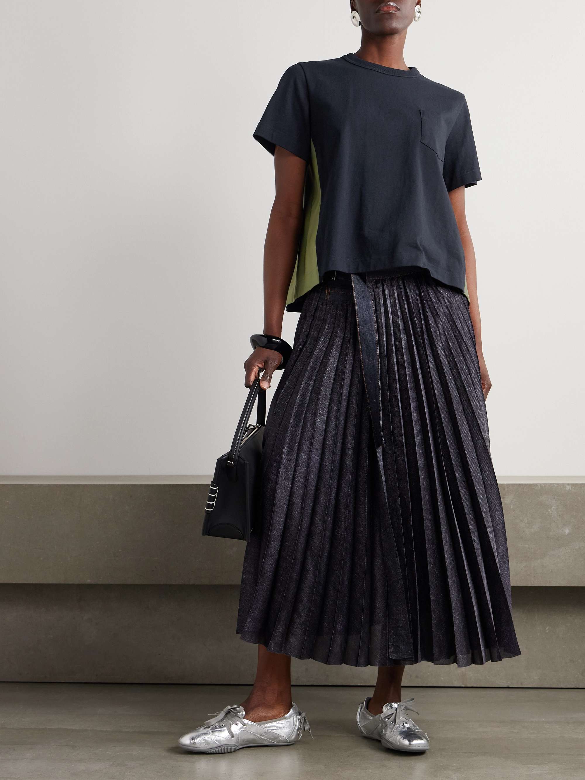 Pleated twill-trimmed cotton-jersey T-shirt view