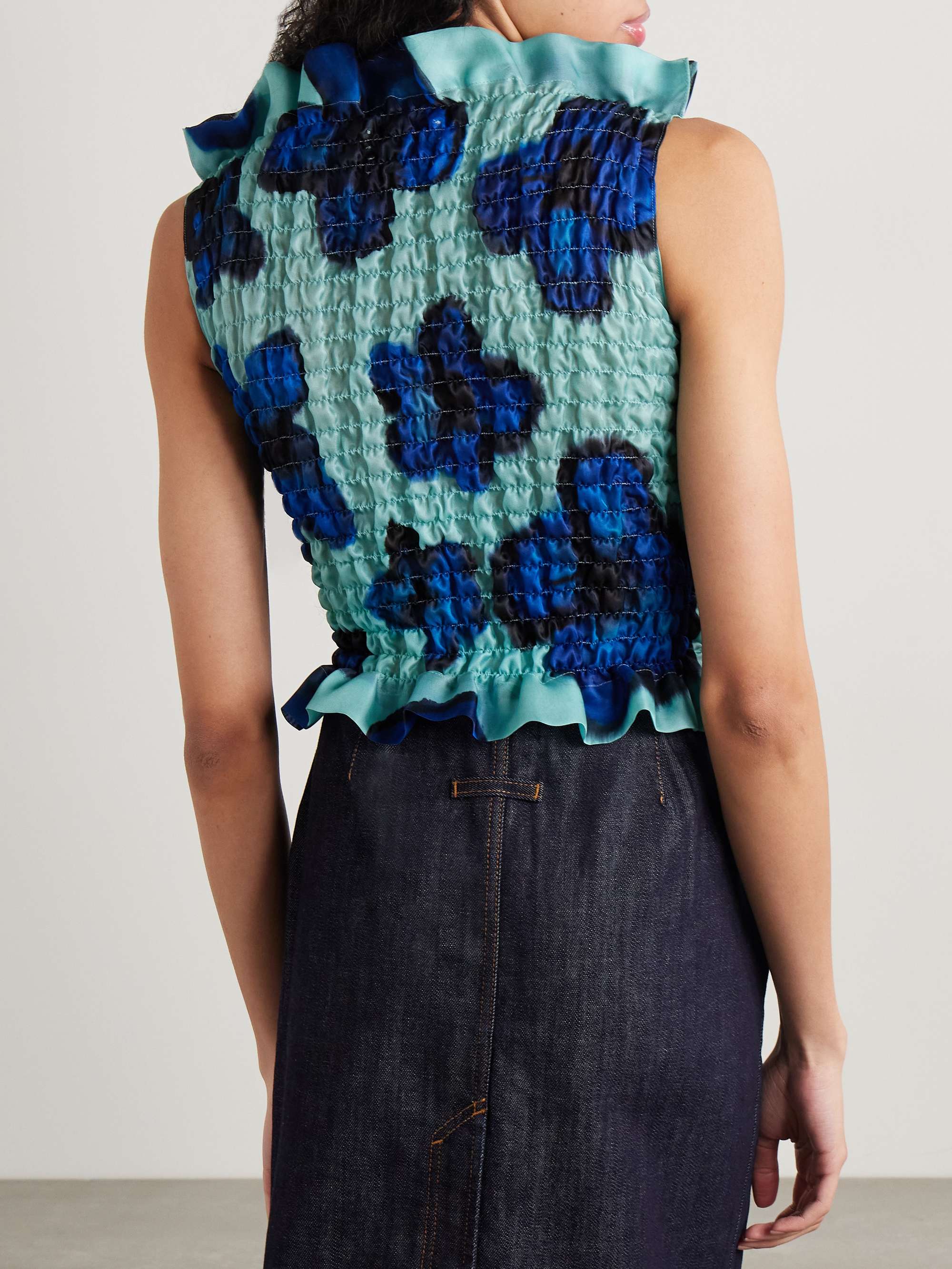 Ruffled shirred floral-print silk-satin top view