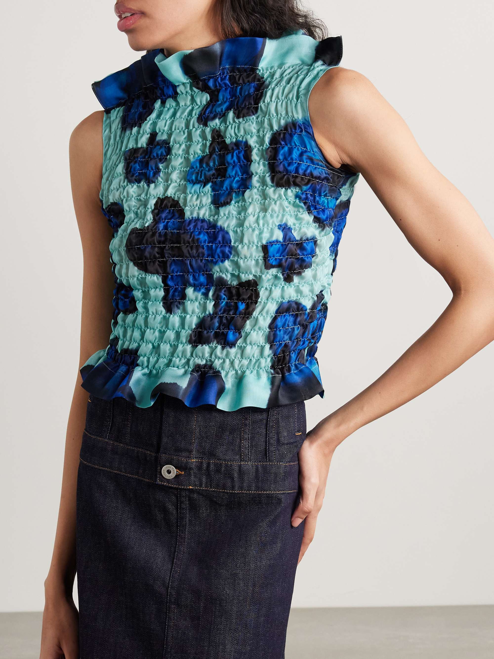 Ruffled shirred floral-print silk-satin top view