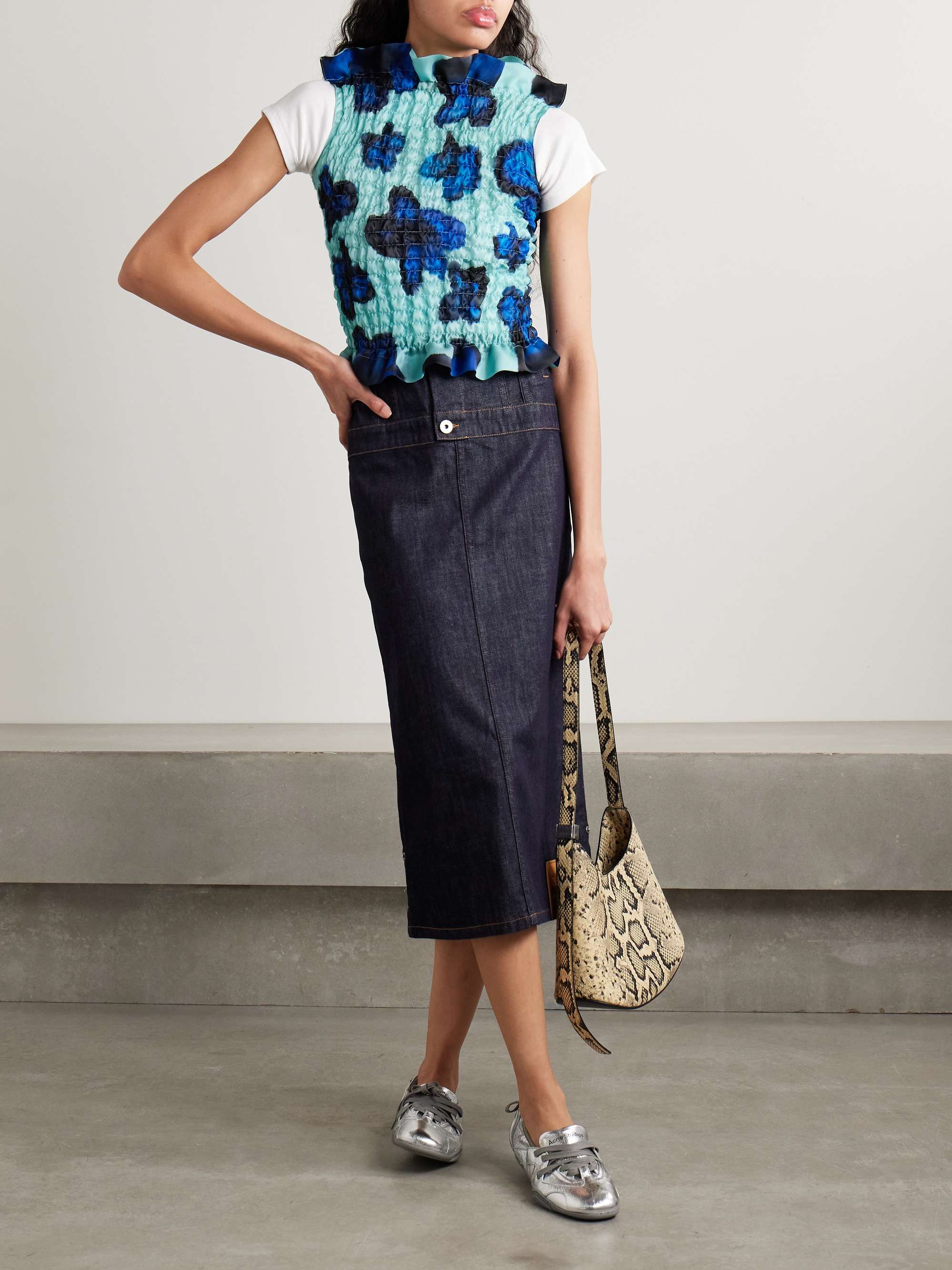 Ruffled shirred floral-print silk-satin top view