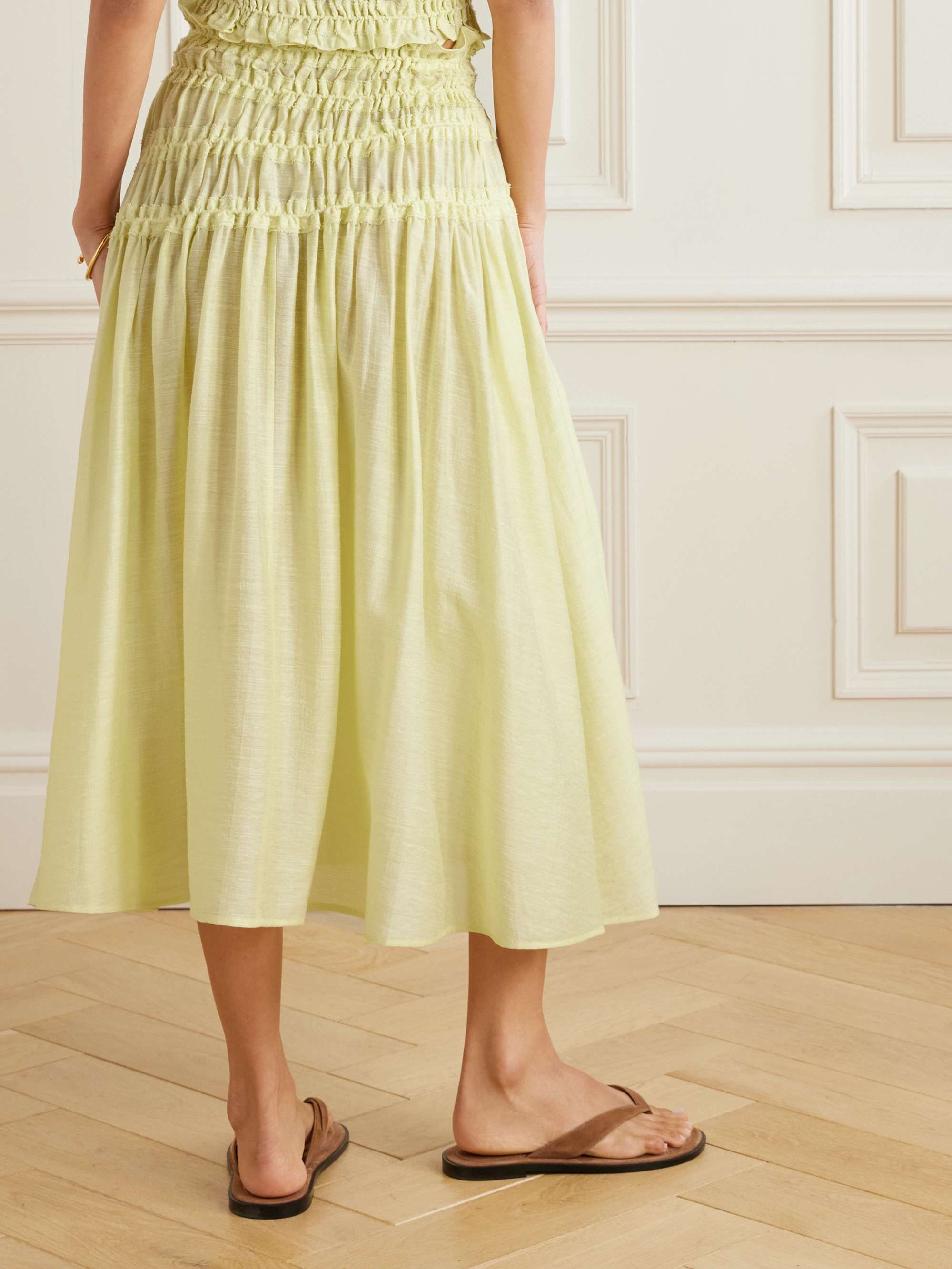 Shirred frayed Lyocell-blend midi skirt view