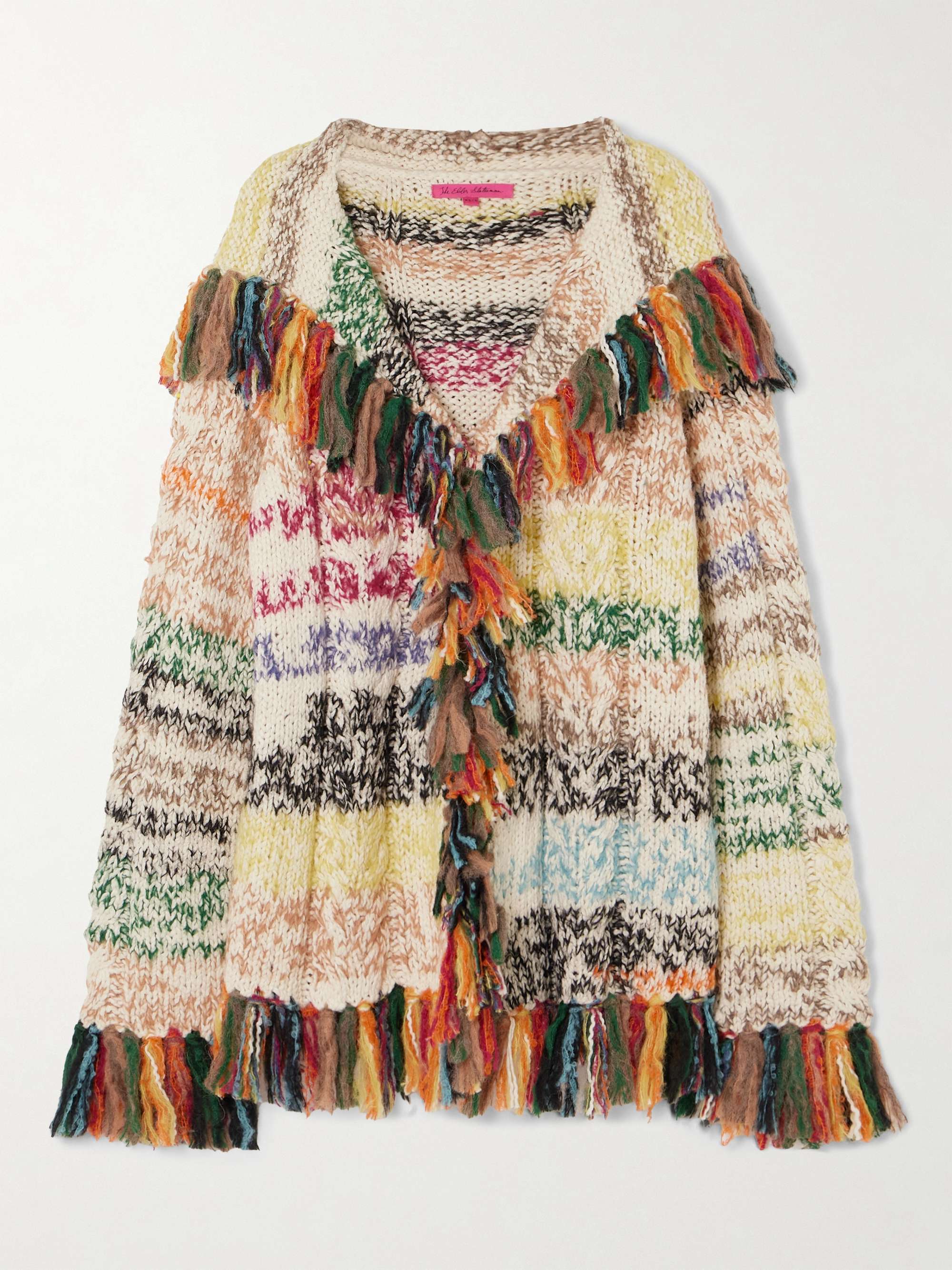 Run Ragged hooded fringed striped cable-knit cotton cardigan view