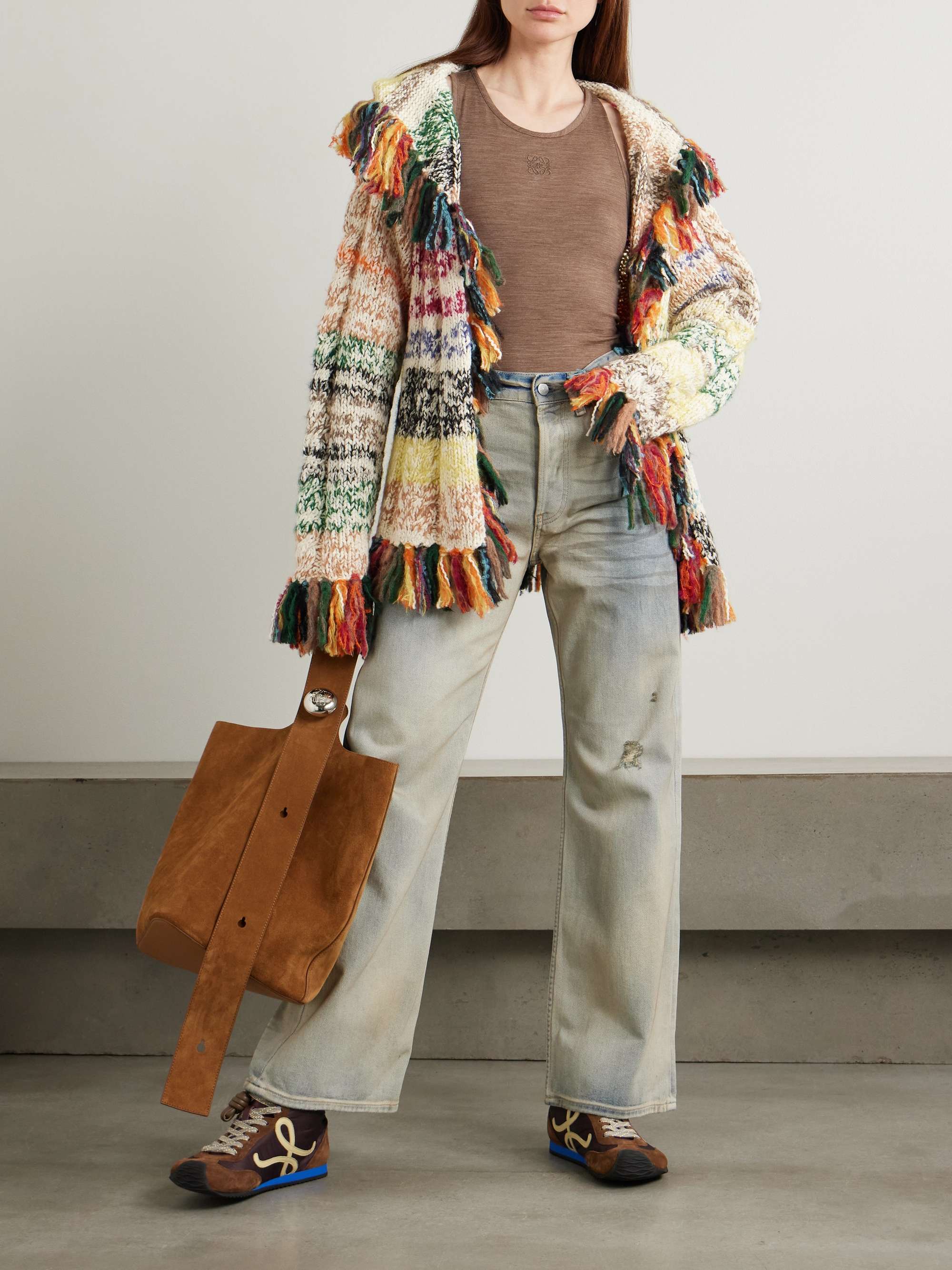 Run Ragged hooded fringed striped cable-knit cotton cardigan view
