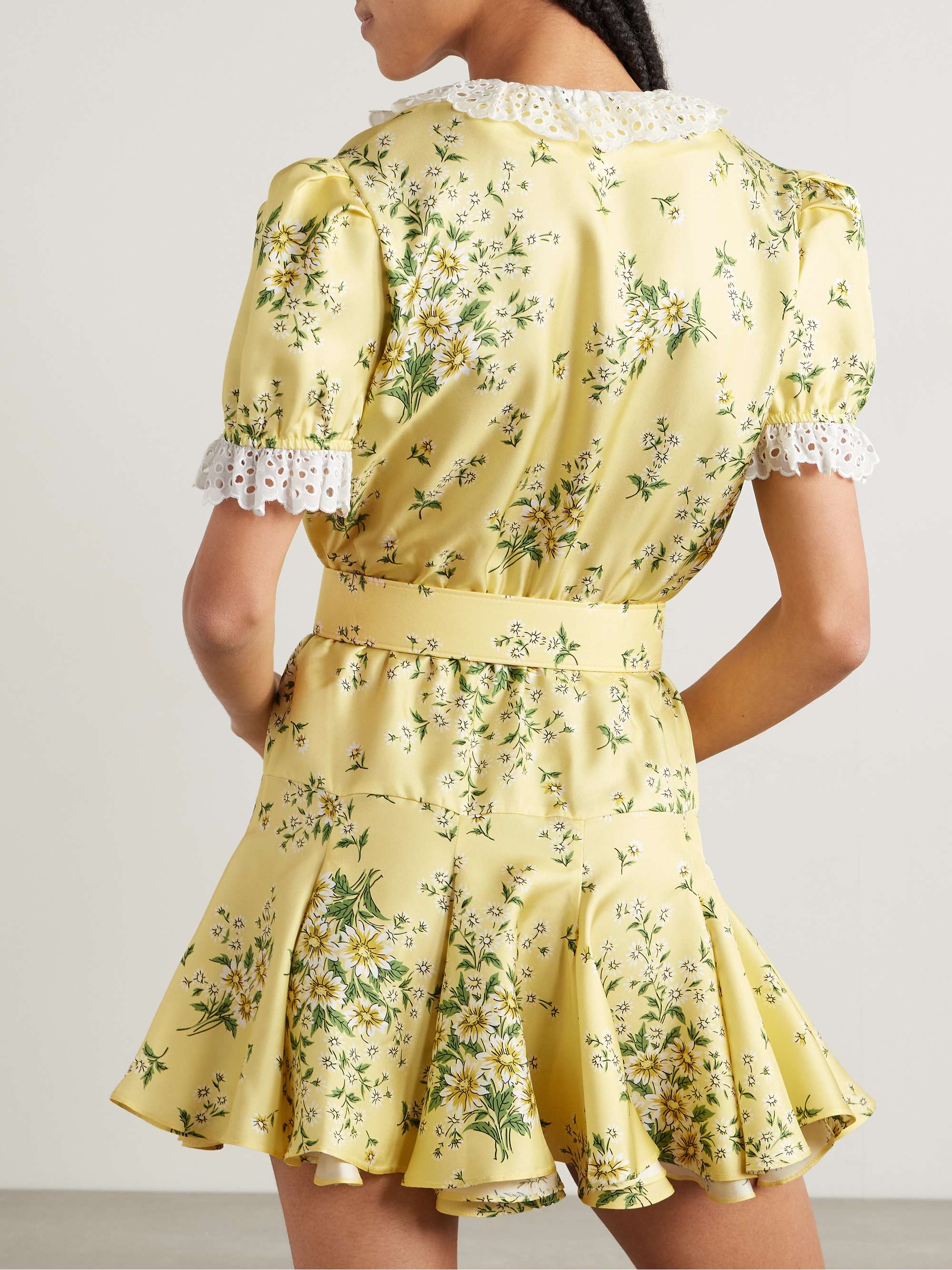 Belted broderie anglaise cotton-trimmed floral-print silk-twill mini dress view