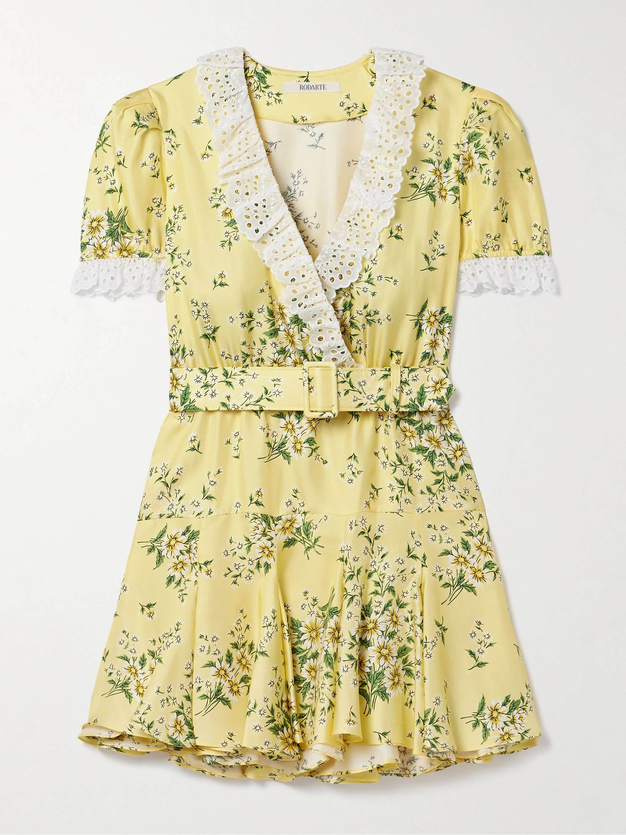 Belted broderie anglaise cotton-trimmed floral-print silk-twill mini dress view