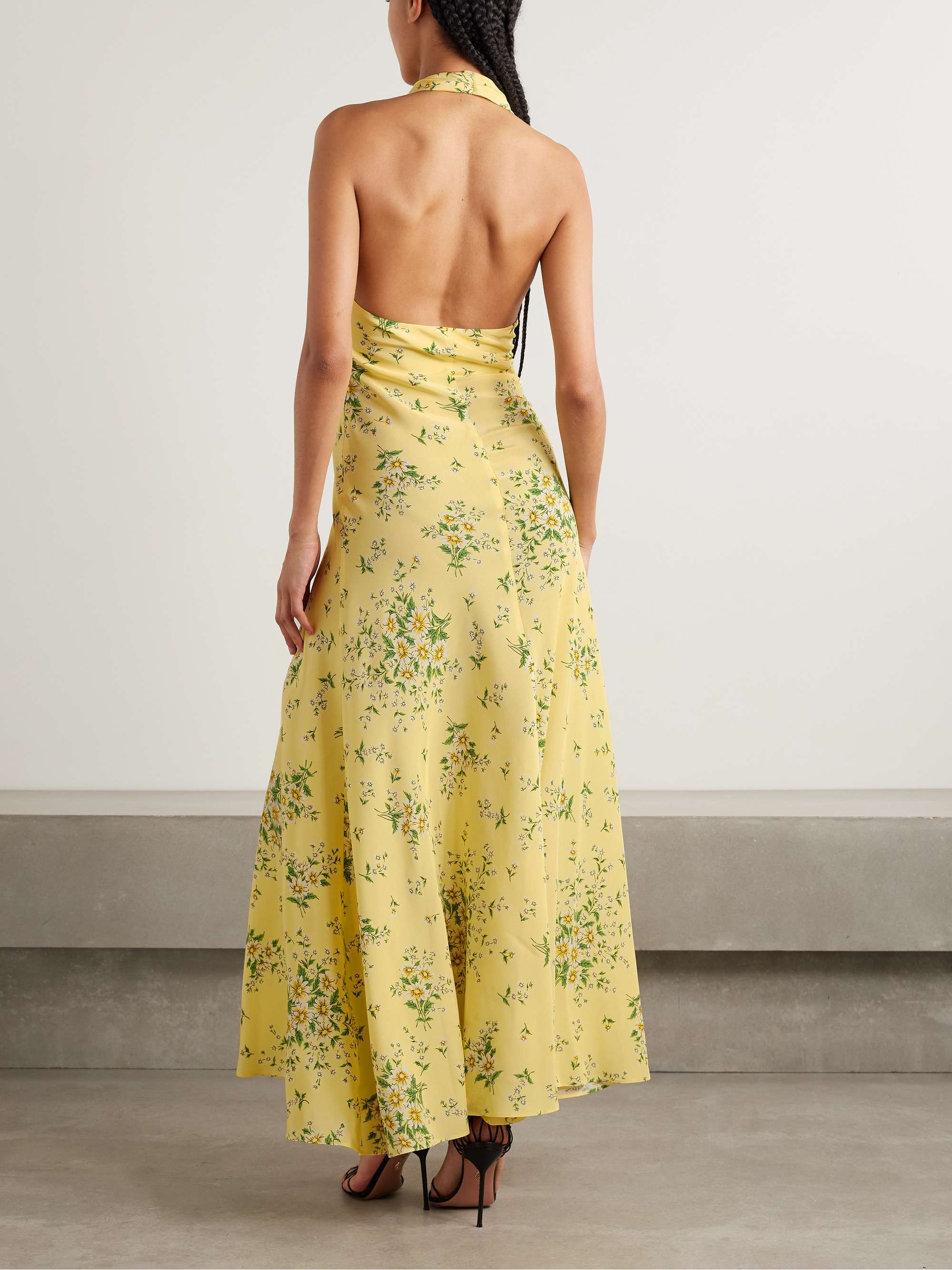 Appliquéd floral-print silk crepe de chine halterneck gown view